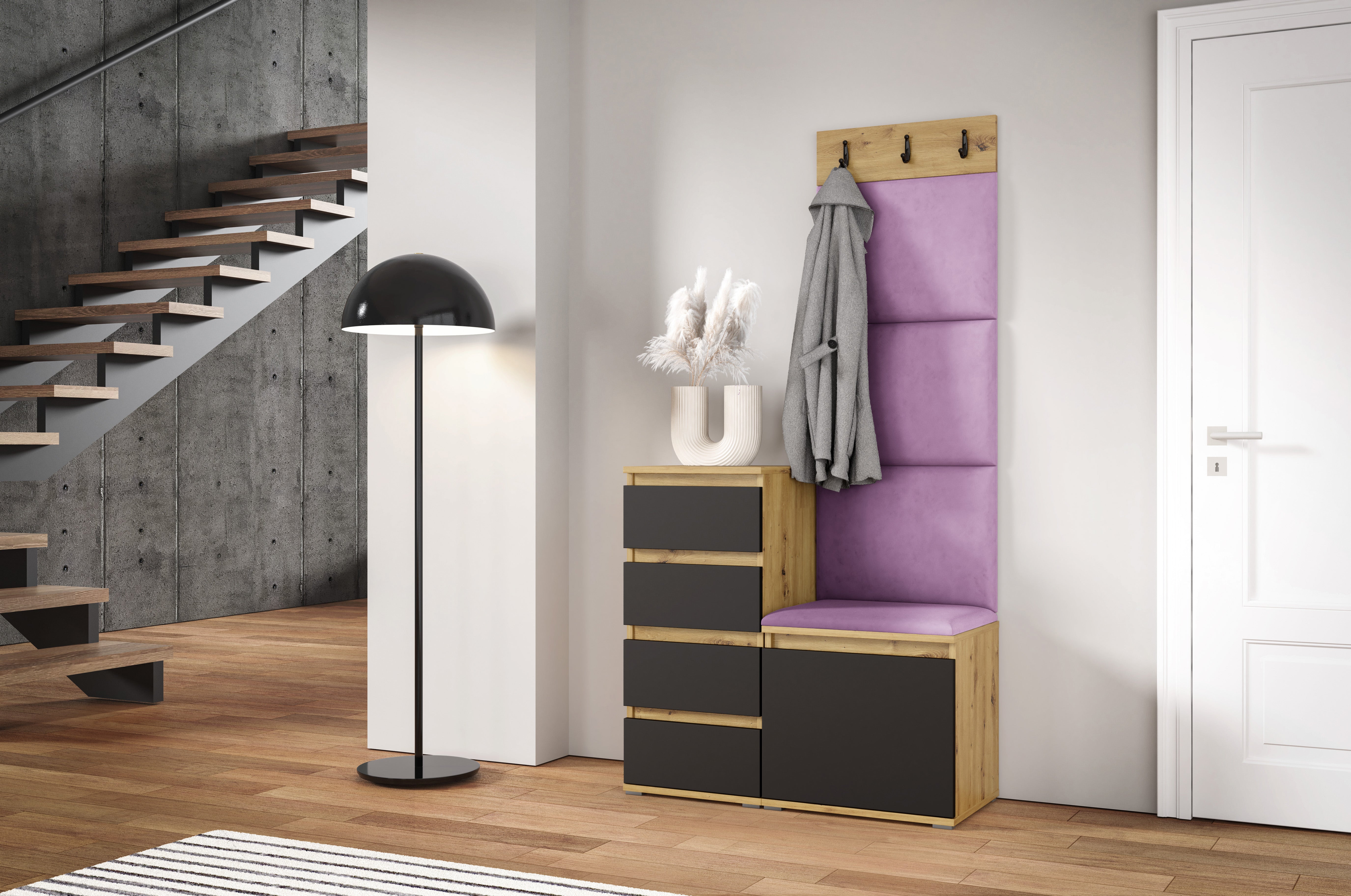 PK Emi 36 Hallway Wardrobe Aristan Oak\Black - Upholstered Panels in Various Colours