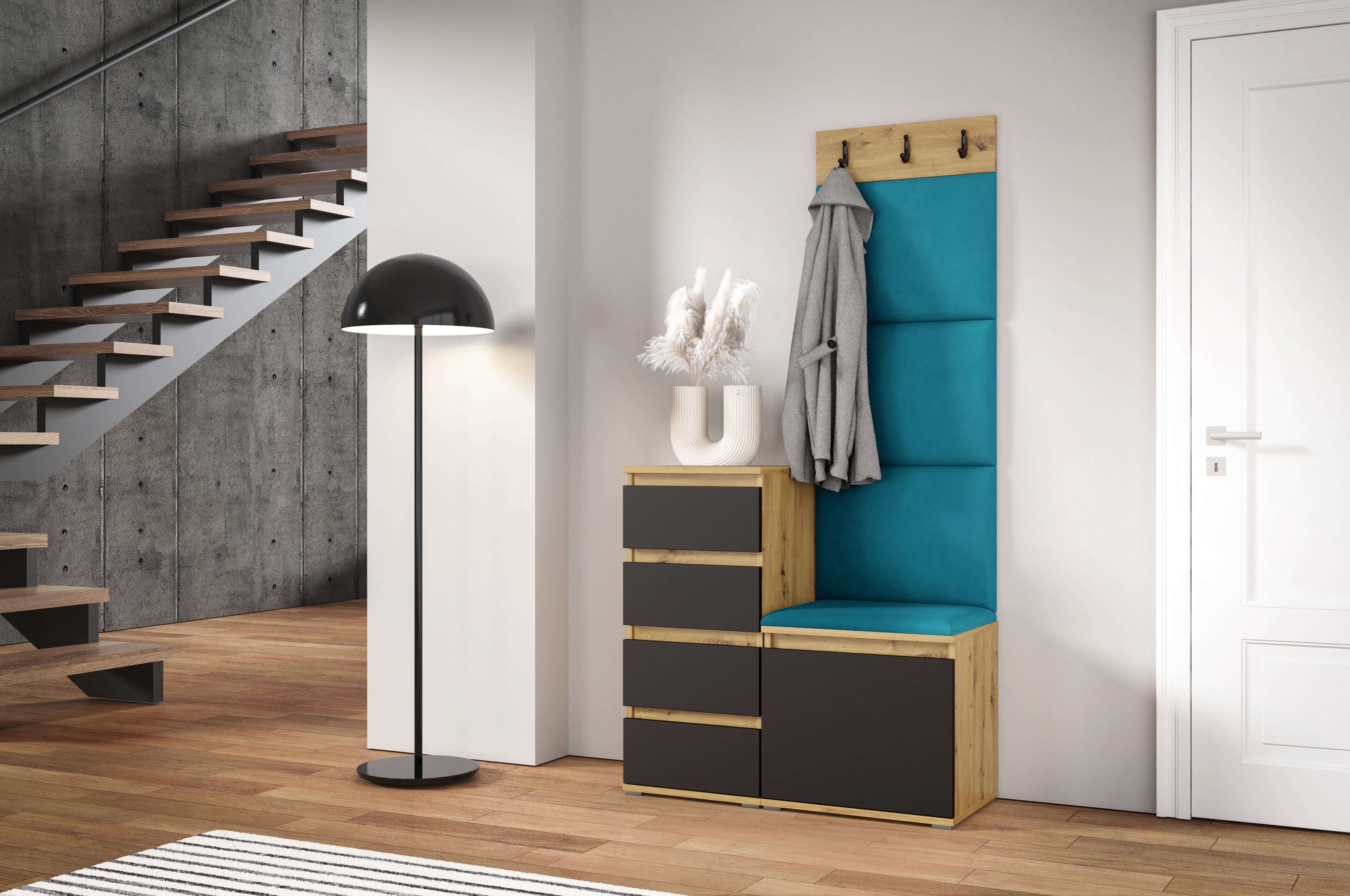 PK Emi 36 Hallway Wardrobe Aristan Oak\Black - Upholstered Panels in Various Colours