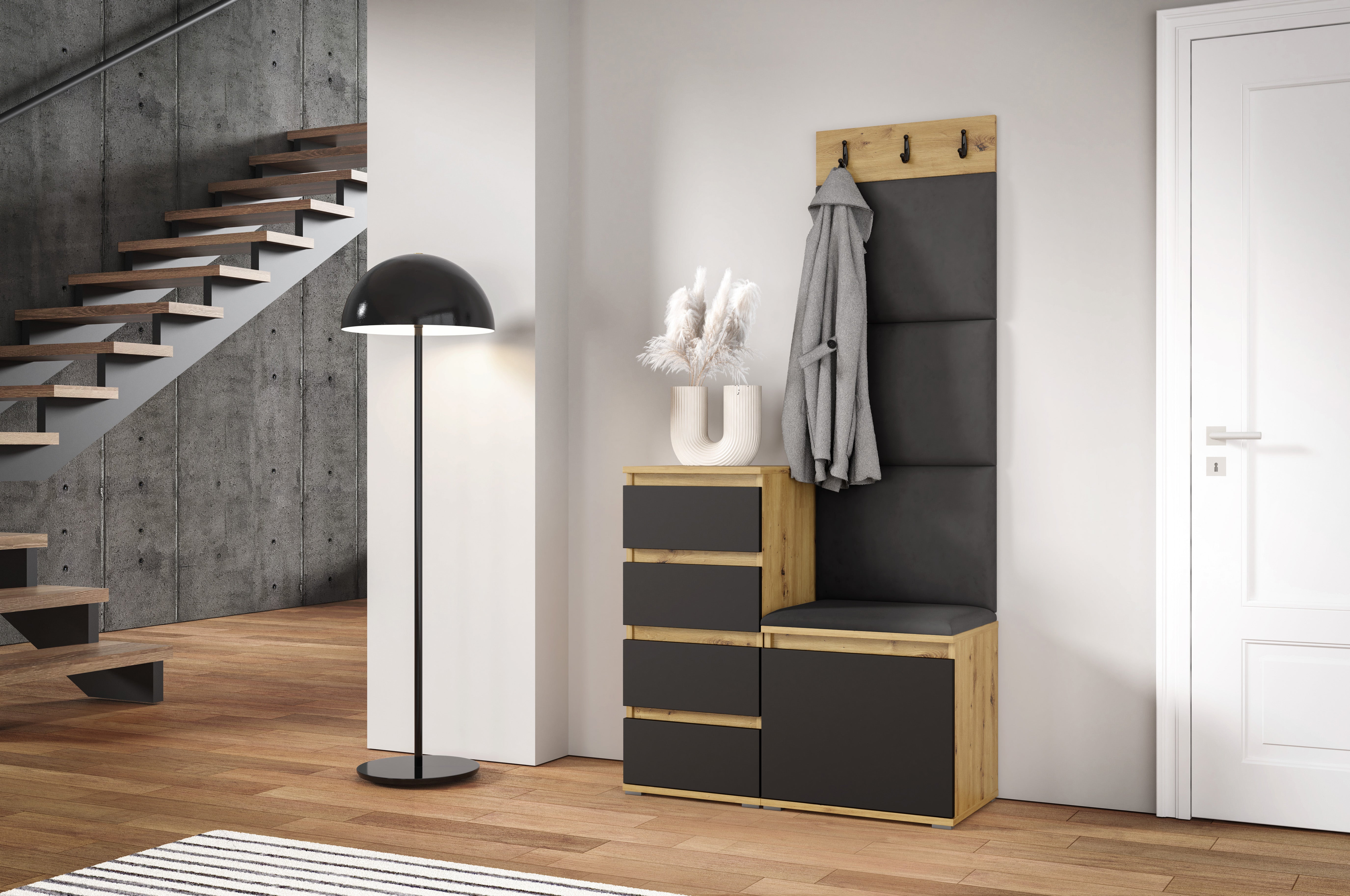 PK Emi 36 Hallway Wardrobe Aristan Oak\Black - Upholstered Panels in Various Colours