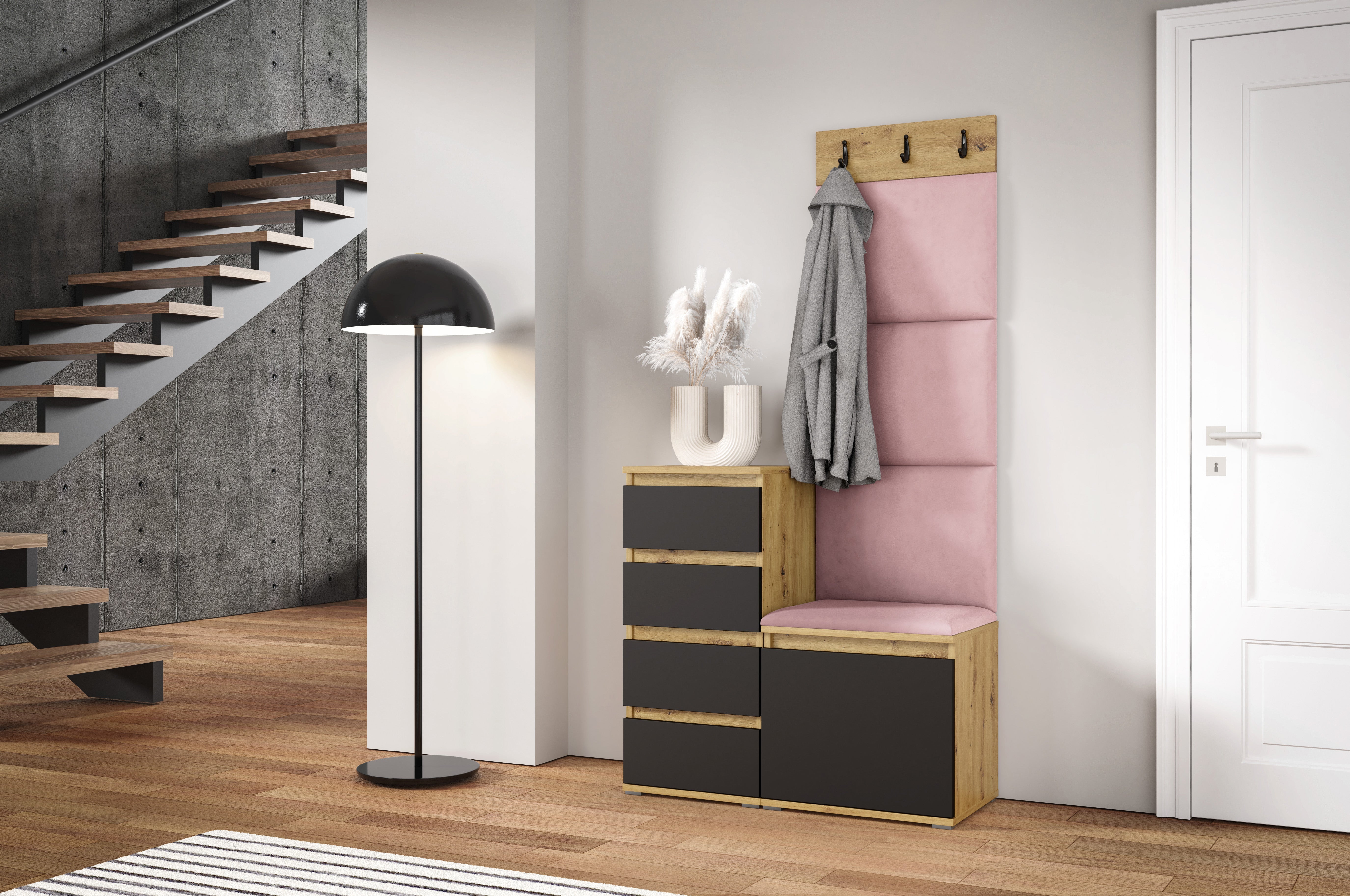 PK Emi 36 Hallway Wardrobe Aristan Oak\Black - Upholstered Panels in Various Colours