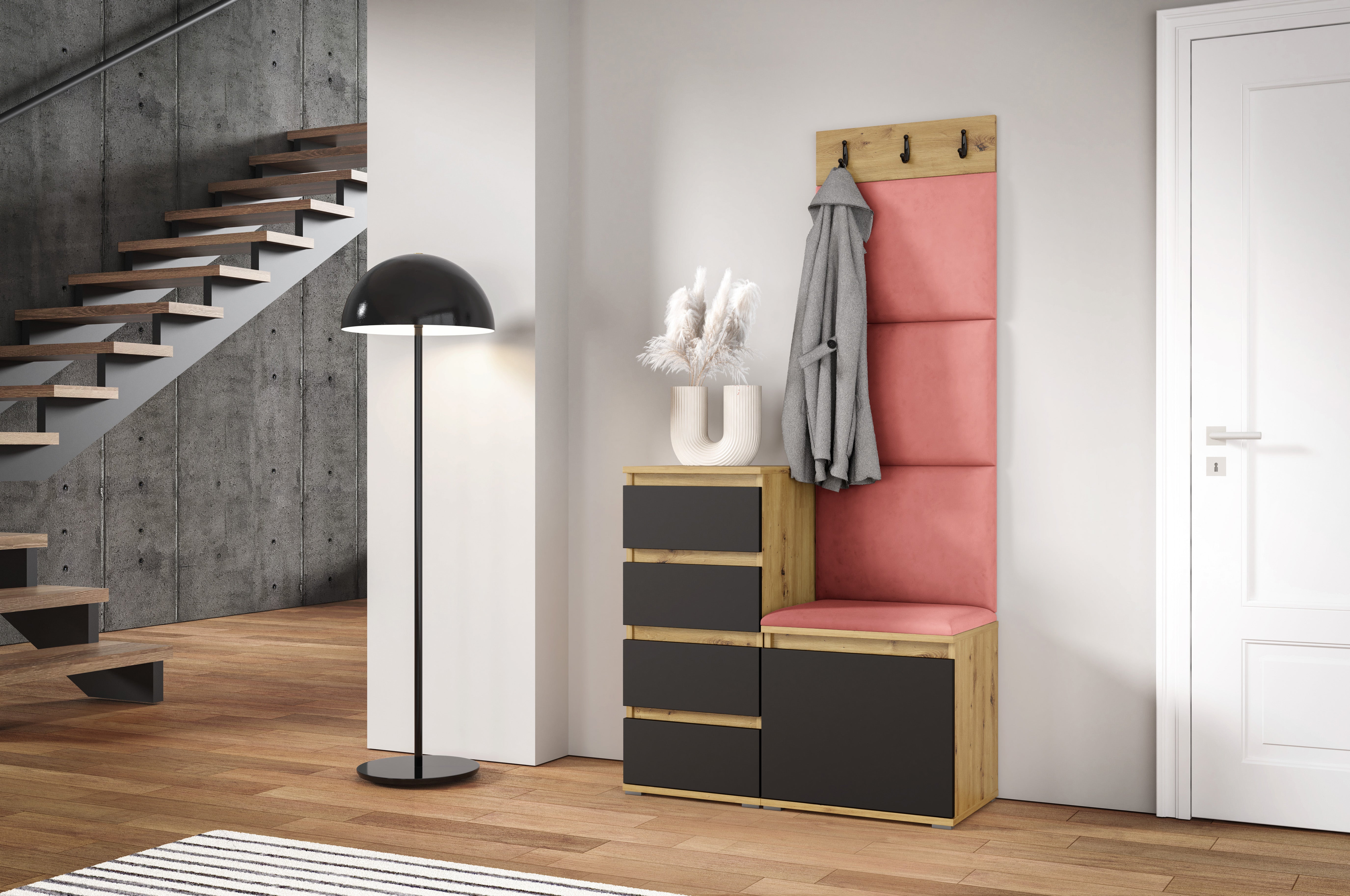 PK Emi 36 Hallway Wardrobe Aristan Oak\Black - Upholstered Panels in Various Colours