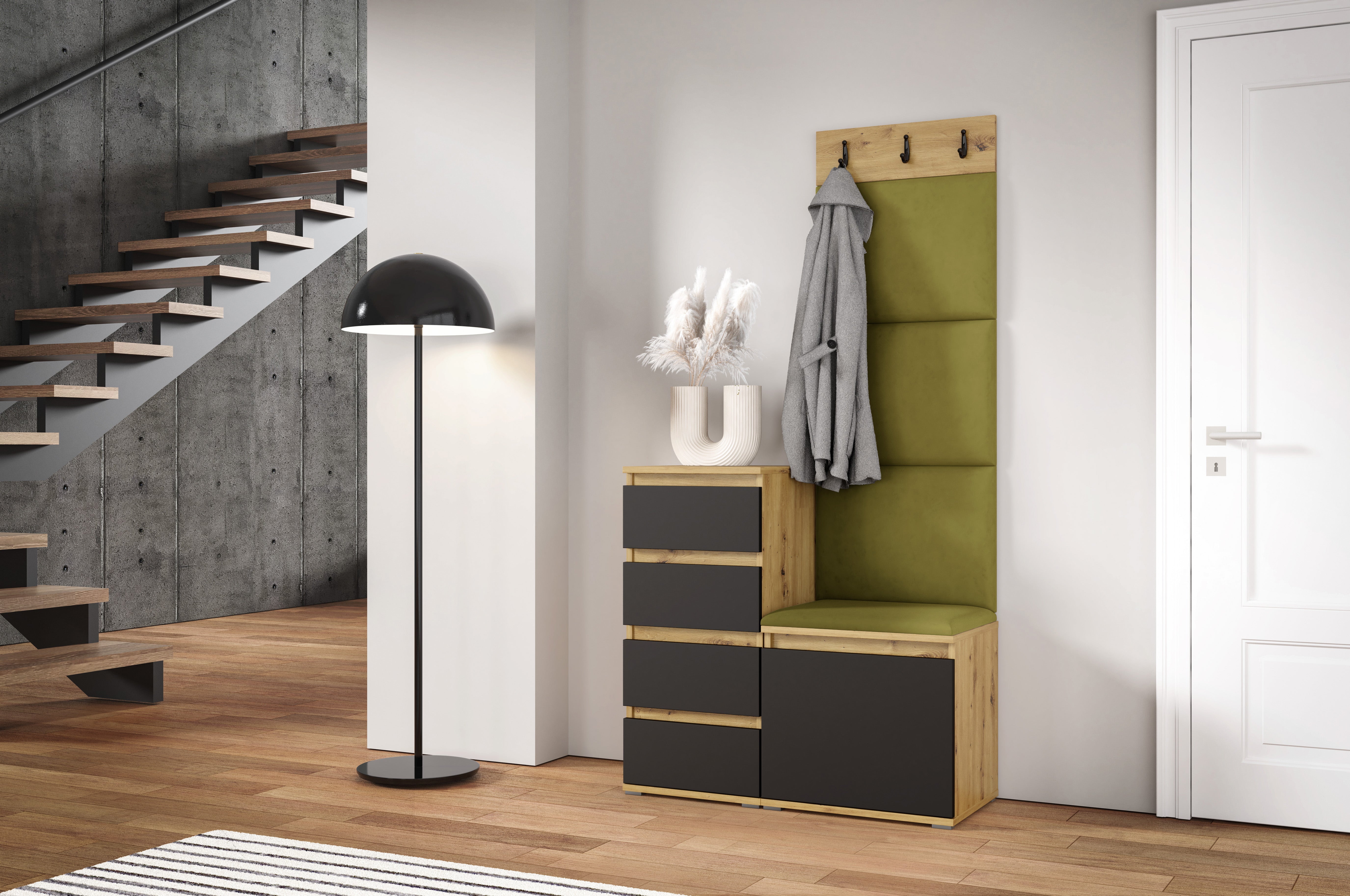 PK Emi 36 Hallway Wardrobe Aristan Oak\Black - Upholstered Panels in Various Colours