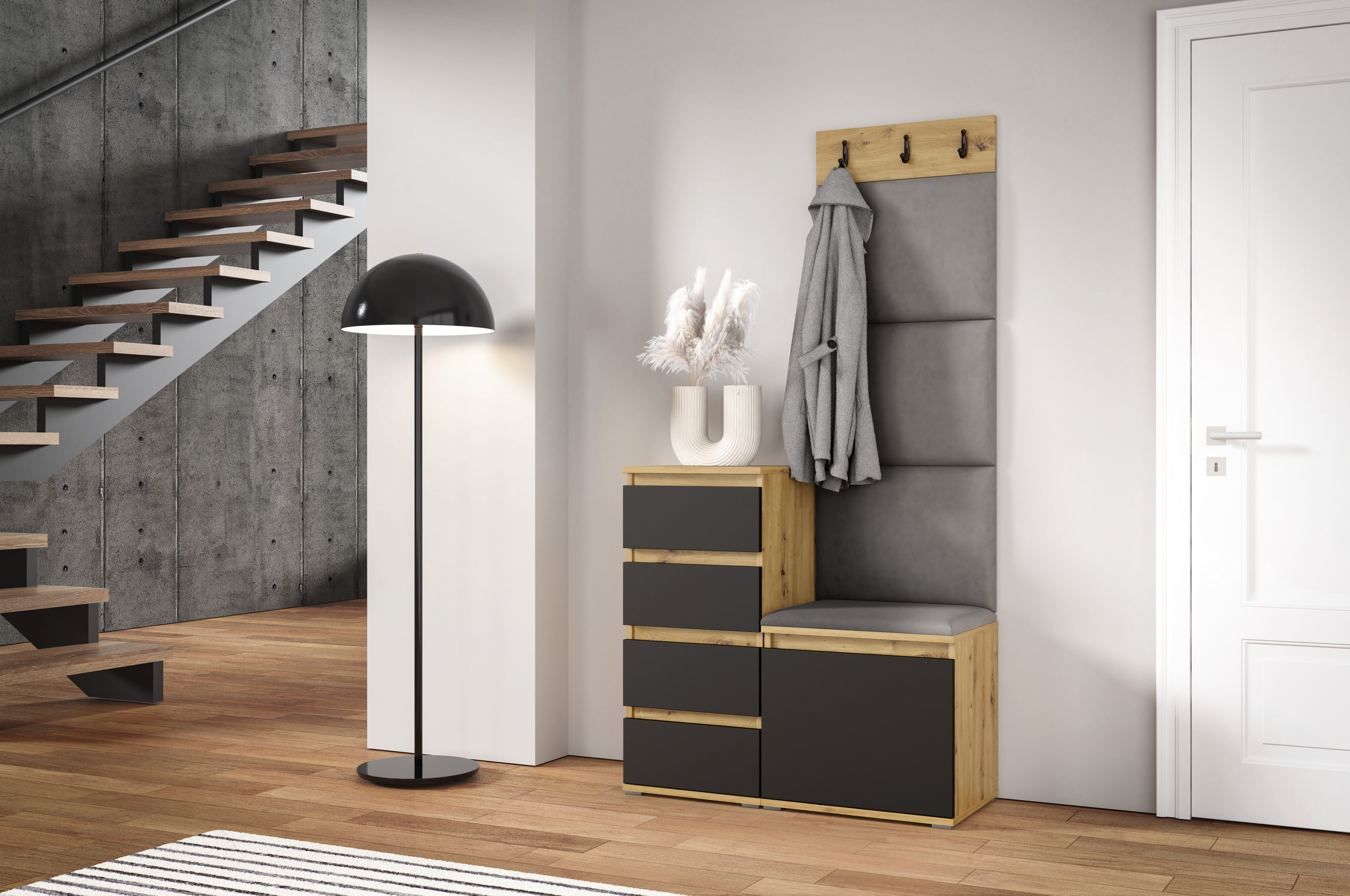 PK Emi 36 Hallway Wardrobe Aristan Oak\Black - Upholstered Panels in Various Colours