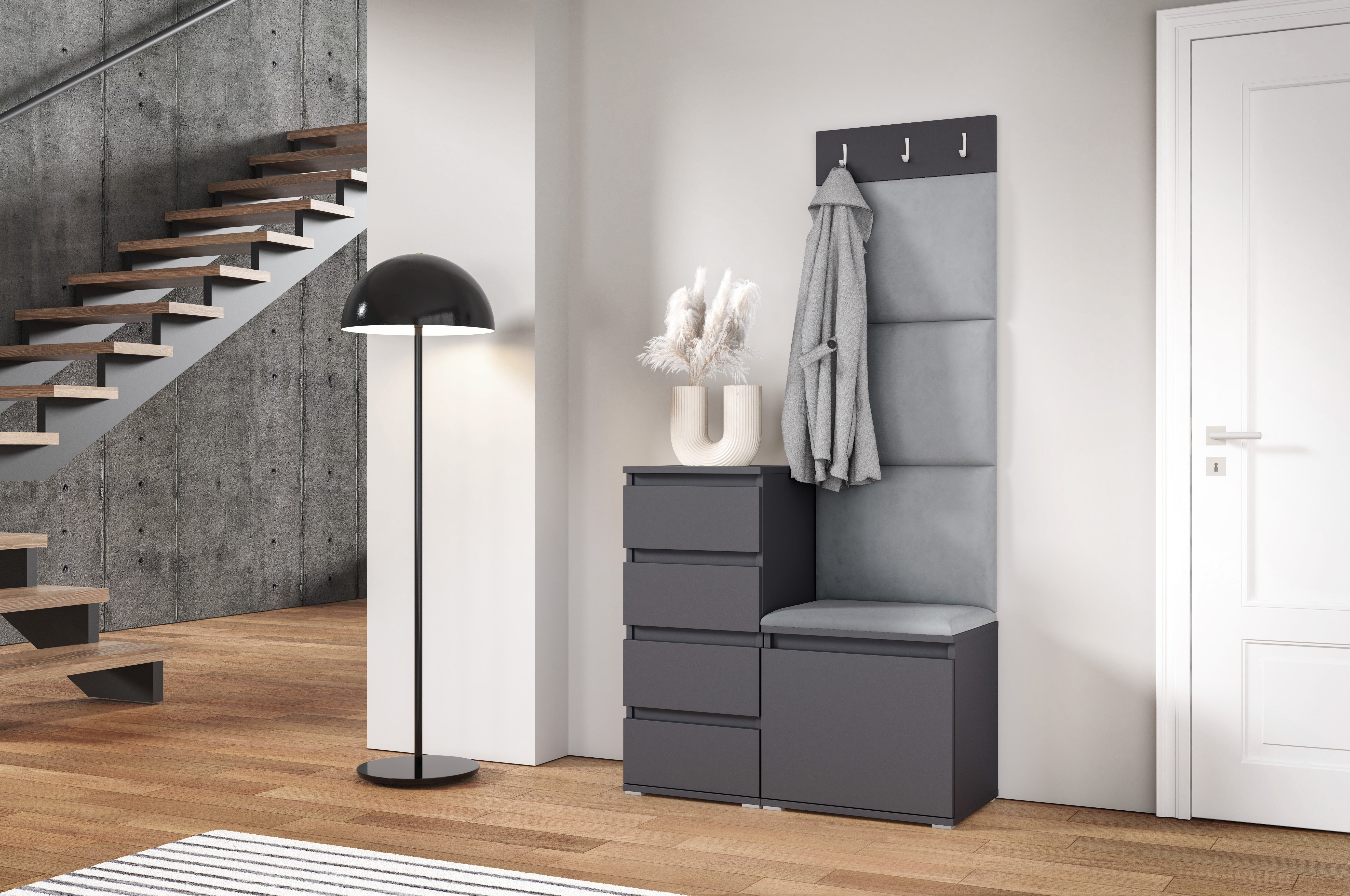 PK Emi 36 Hallway Wardrobe Graphite - Upholstered Panels in Various Colours