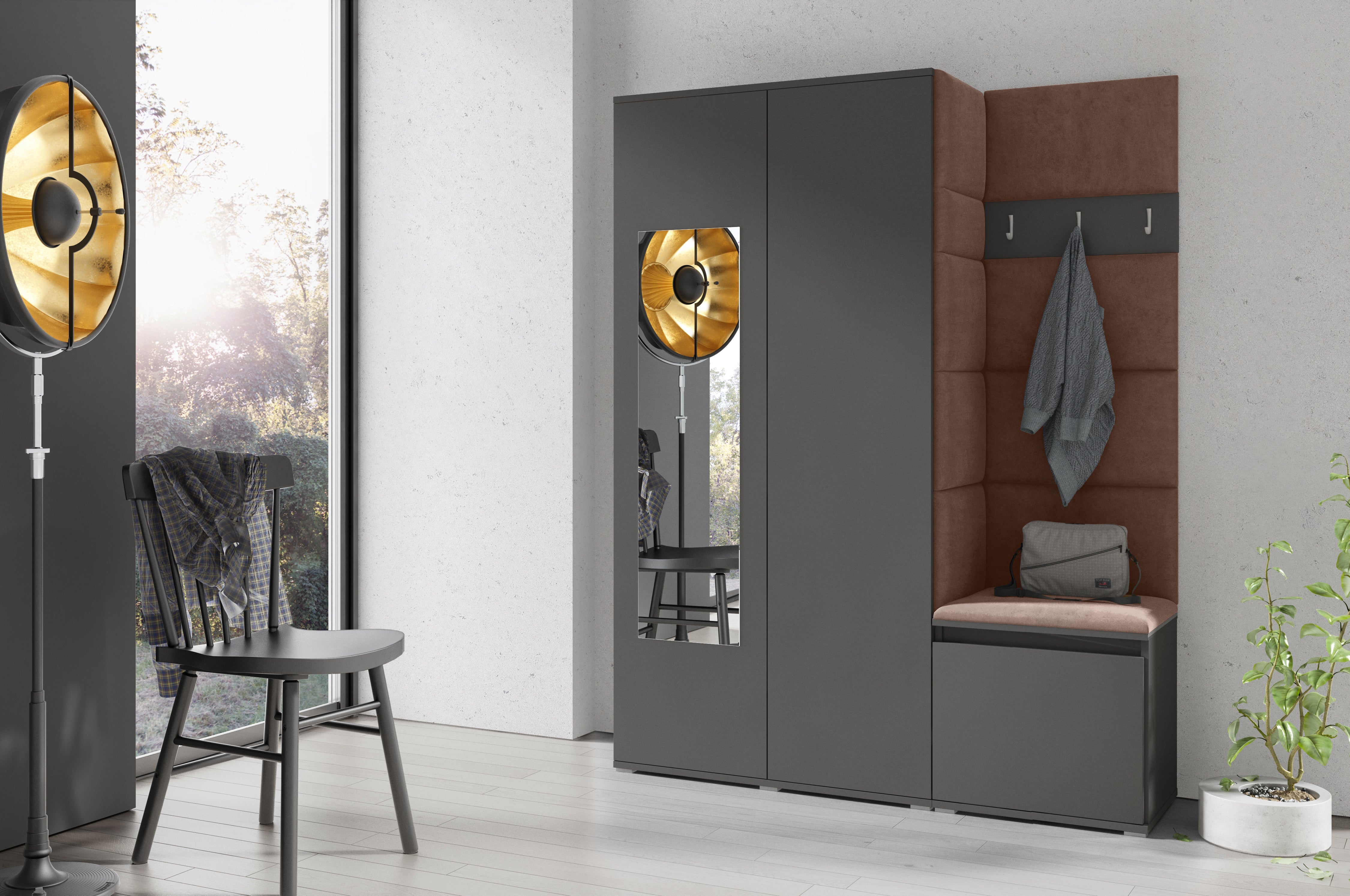PK Emi 11 Hallway Wardrobe Graphite - Upholstered Panels in Various Colours