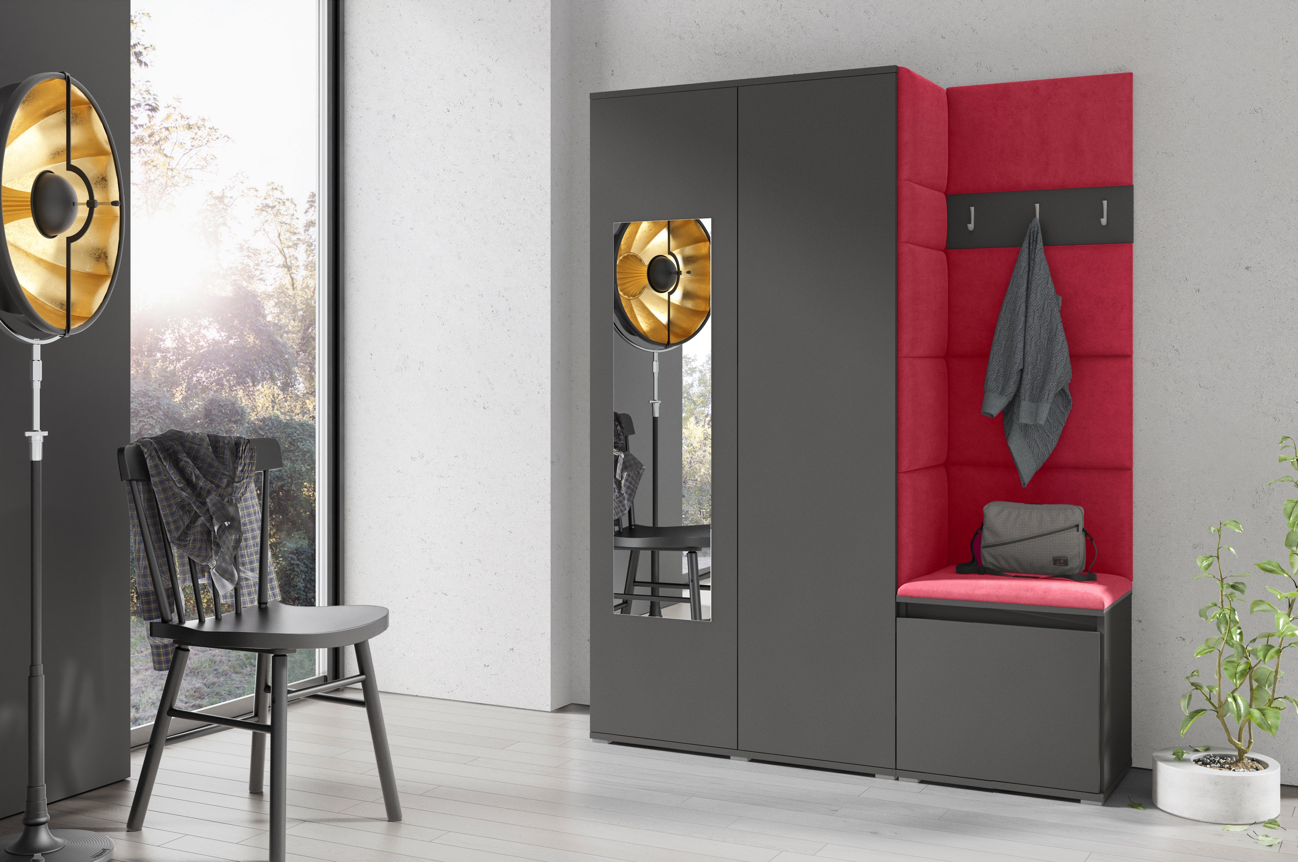 PK Emi 11 Hallway Wardrobe Graphite - Upholstered Panels in Various Colours
