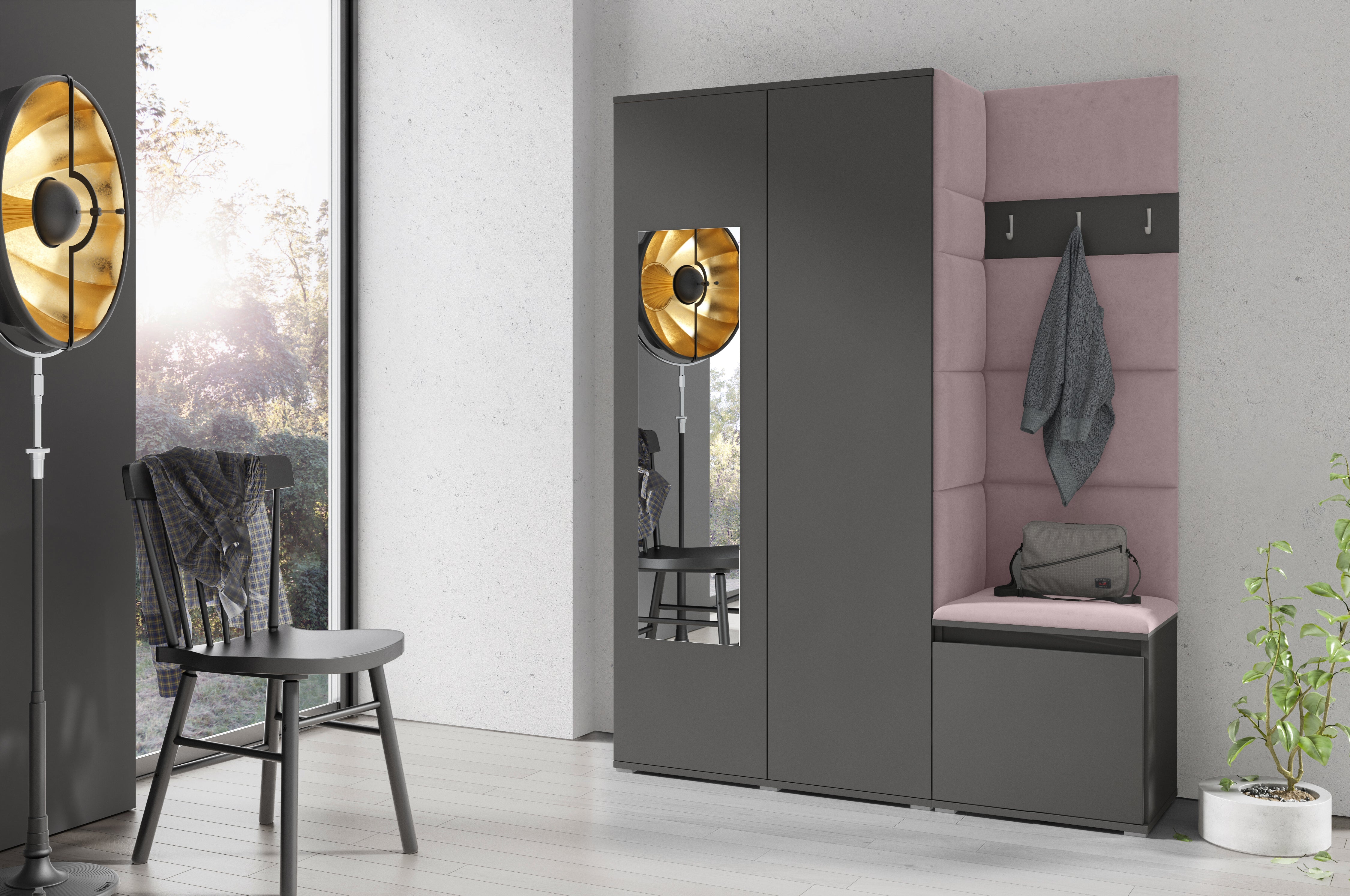 PK Emi 11 Hallway Wardrobe Graphite - Upholstered Panels in Various Colours