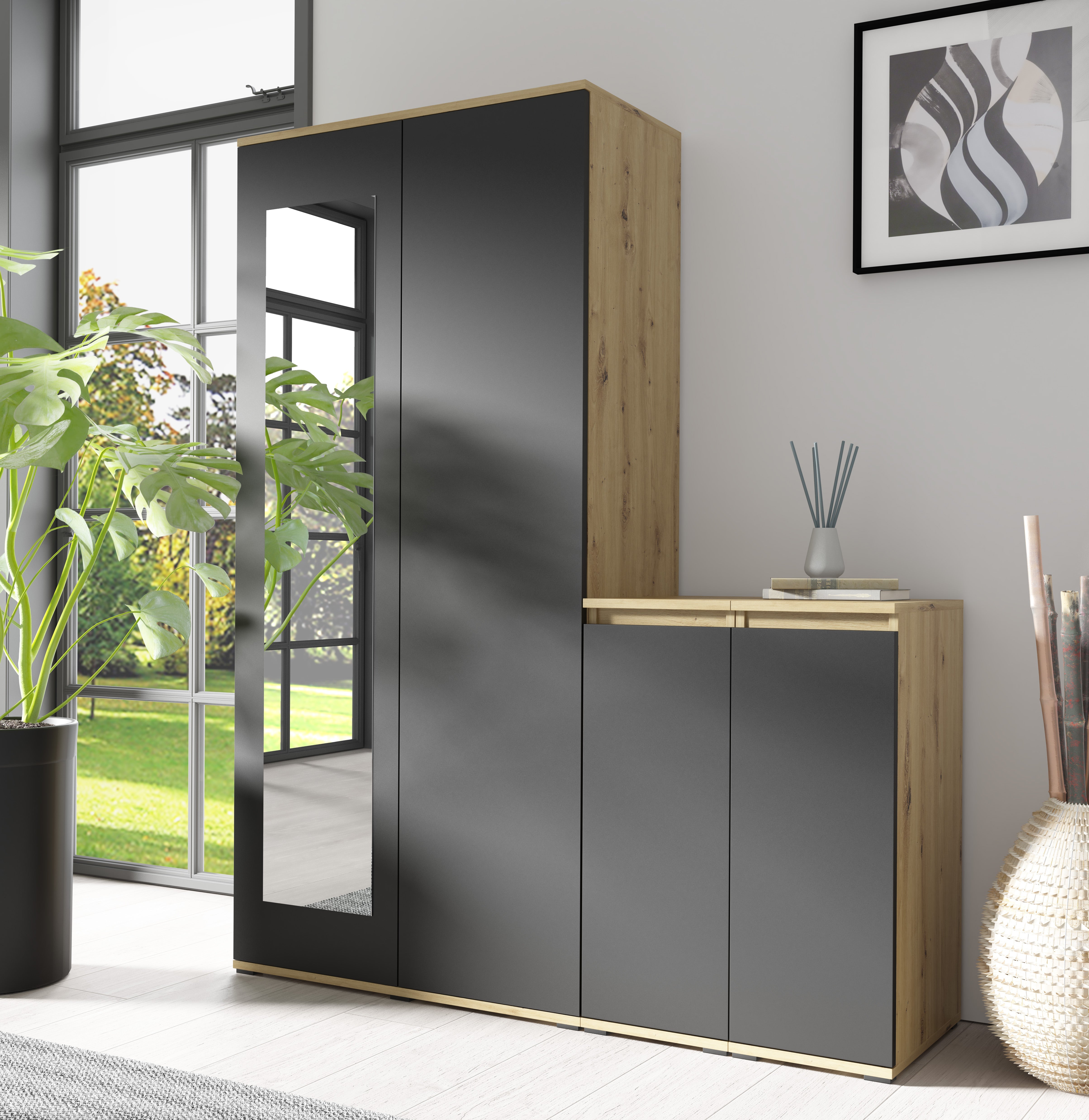 PK Emi 24 Hallway Wardrobe White/ Graphite/Aristan Oak-Black