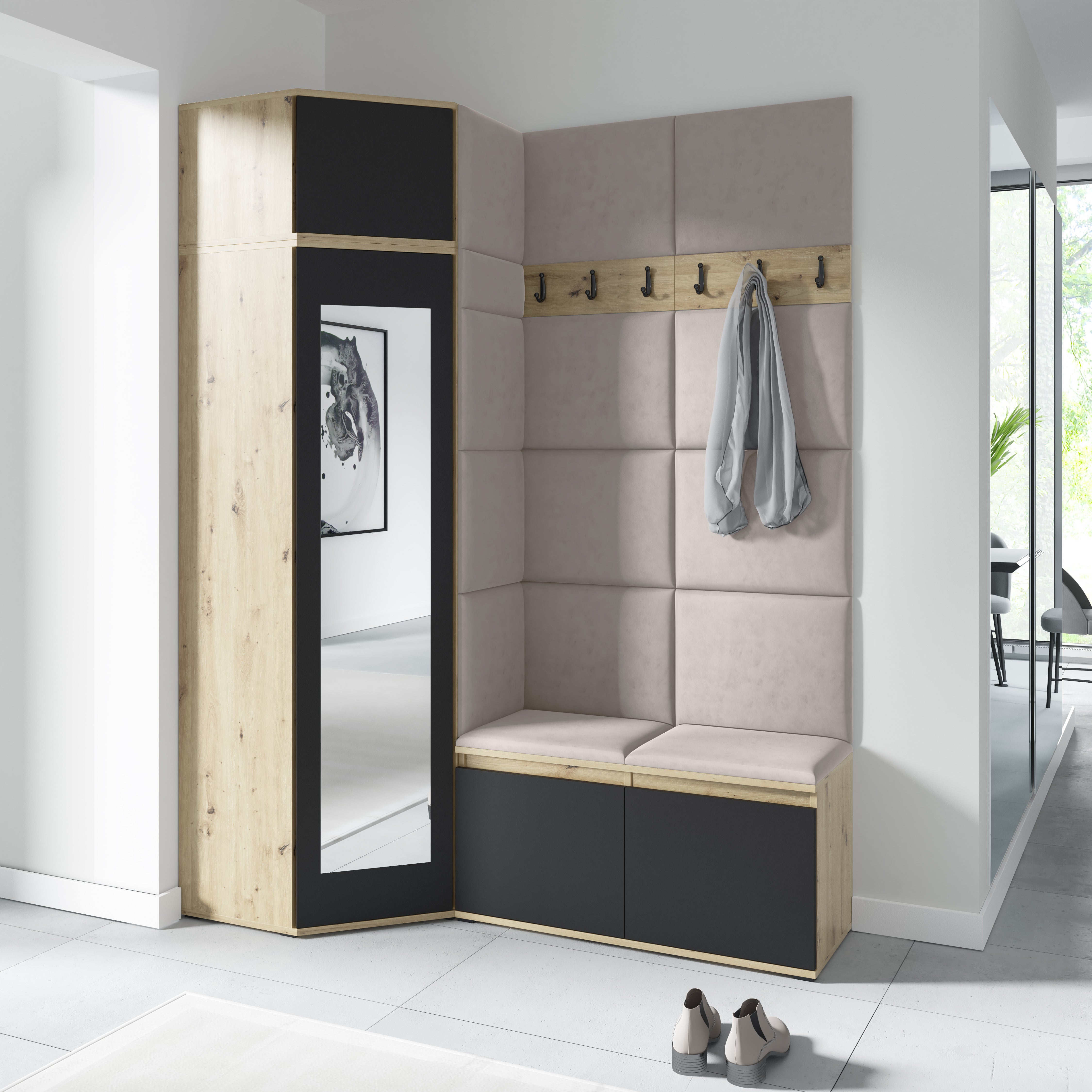 PK Emi 37 Hallway Wardrobe Aristan Oak\Black- Upholstered Panels in Various Colours