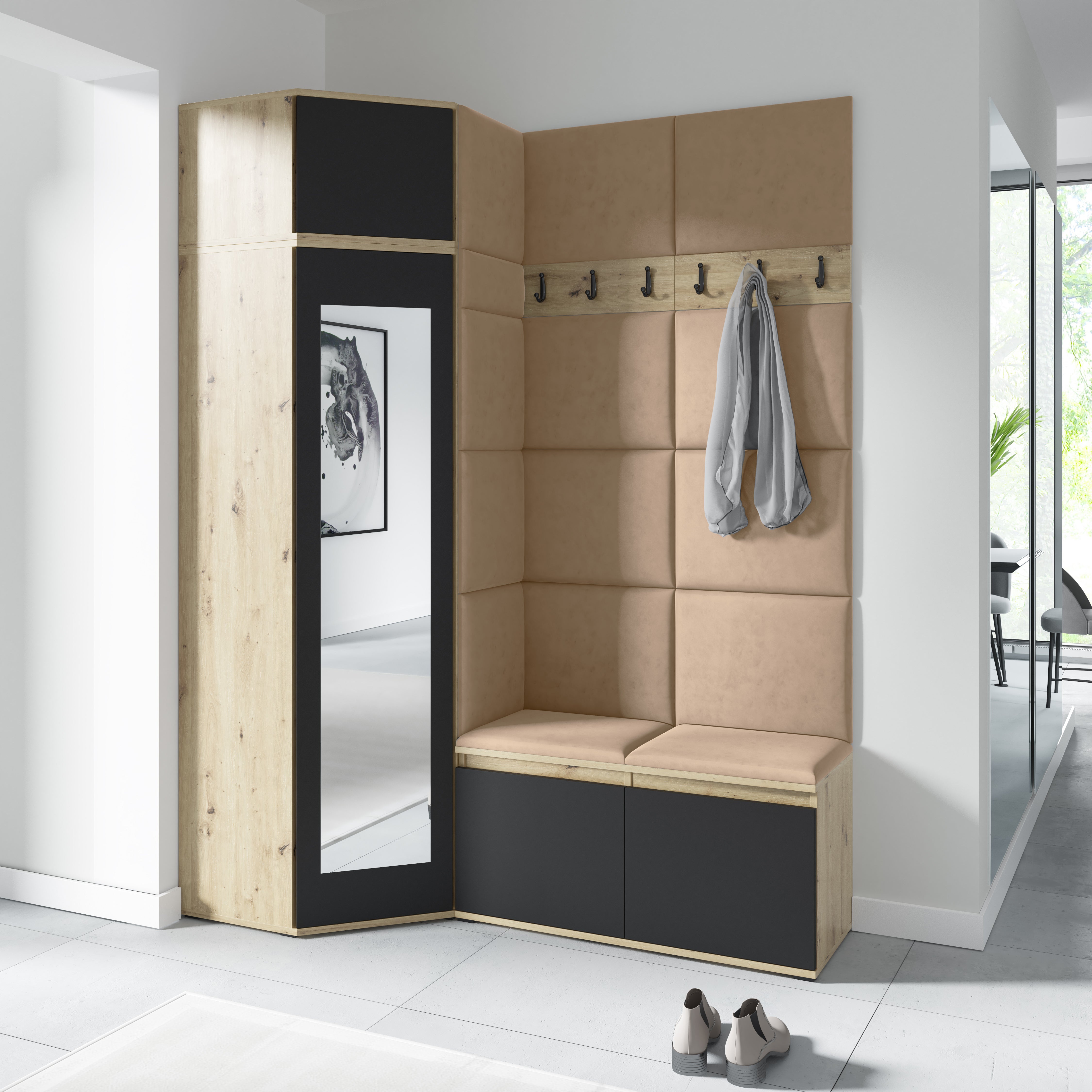 PK Emi 37 Hallway Wardrobe Aristan Oak\Black- Upholstered Panels in Various Colours
