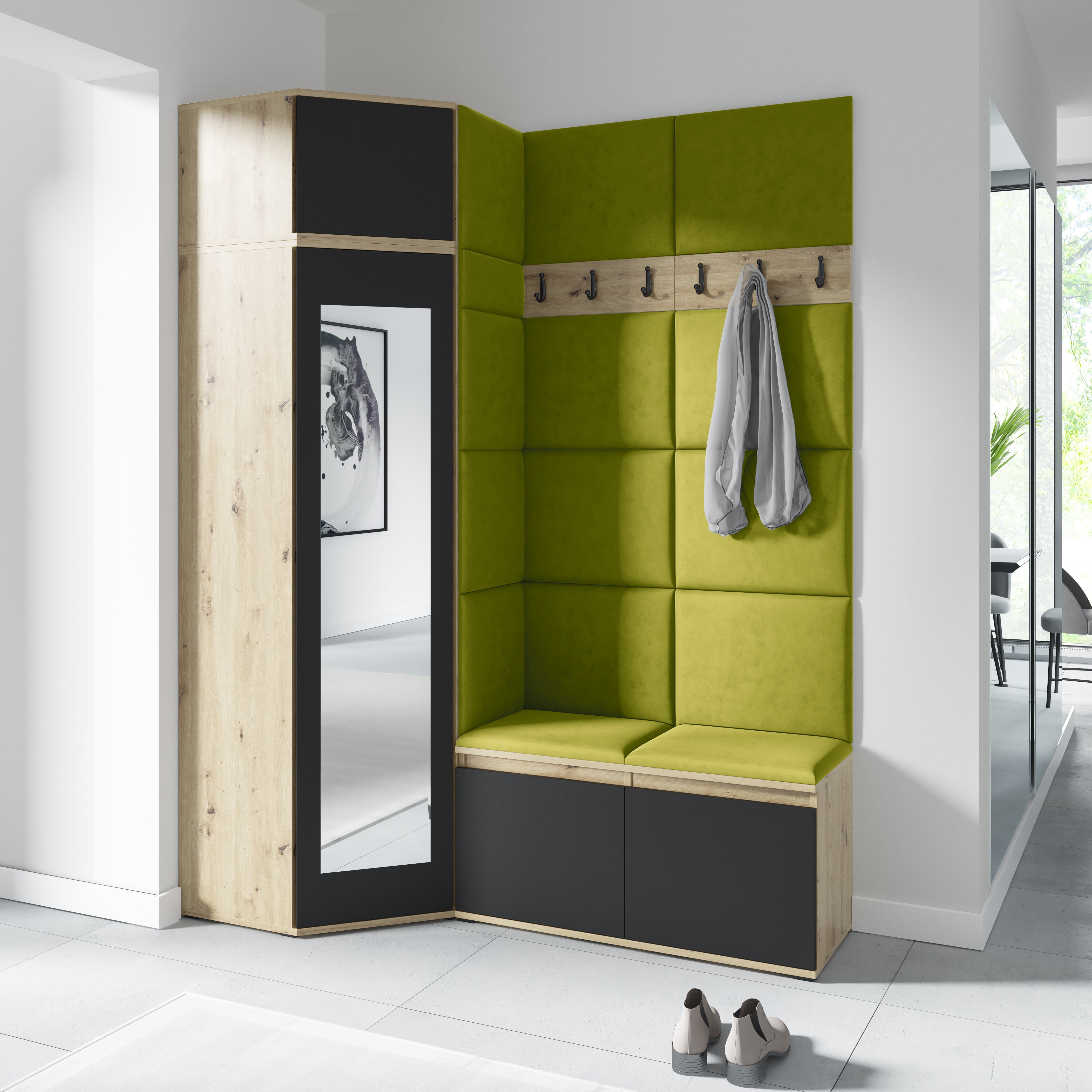 PK Emi 37 Hallway Wardrobe Aristan Oak\Black- Upholstered Panels in Various Colours