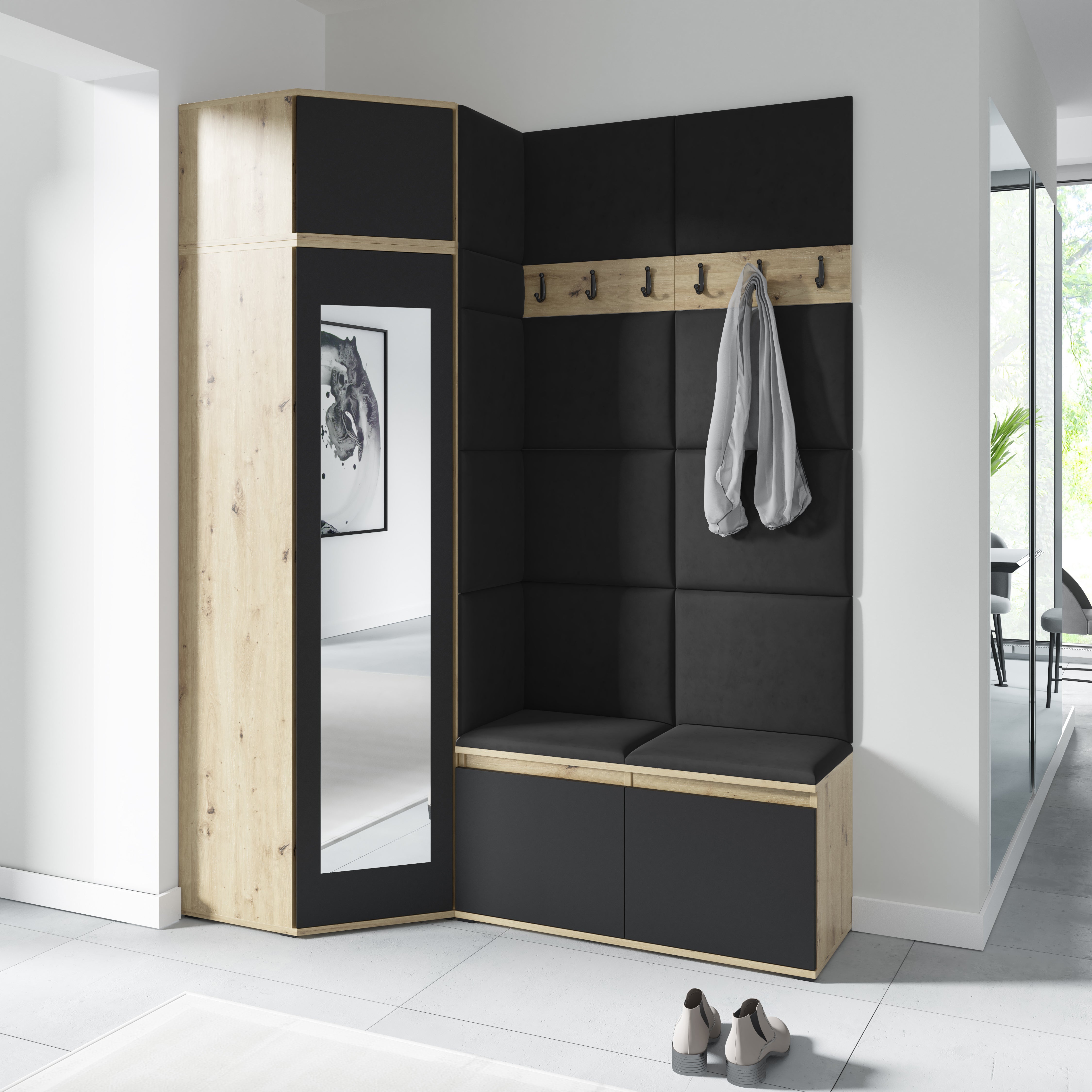 PK Emi 37 Hallway Wardrobe Aristan Oak\Black- Upholstered Panels in Various Colours