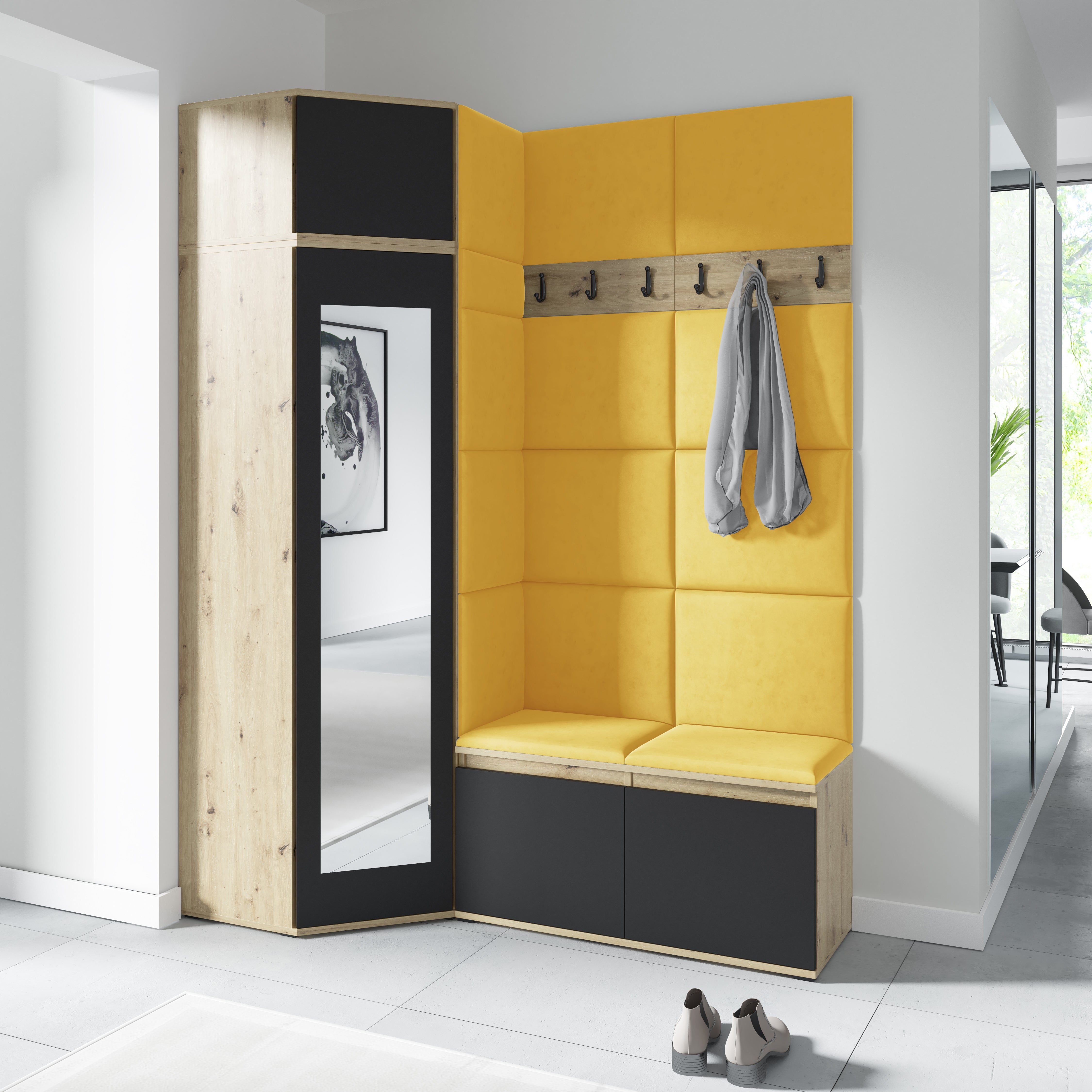 PK Emi 37 Hallway Wardrobe Aristan Oak\Black- Upholstered Panels in Various Colours