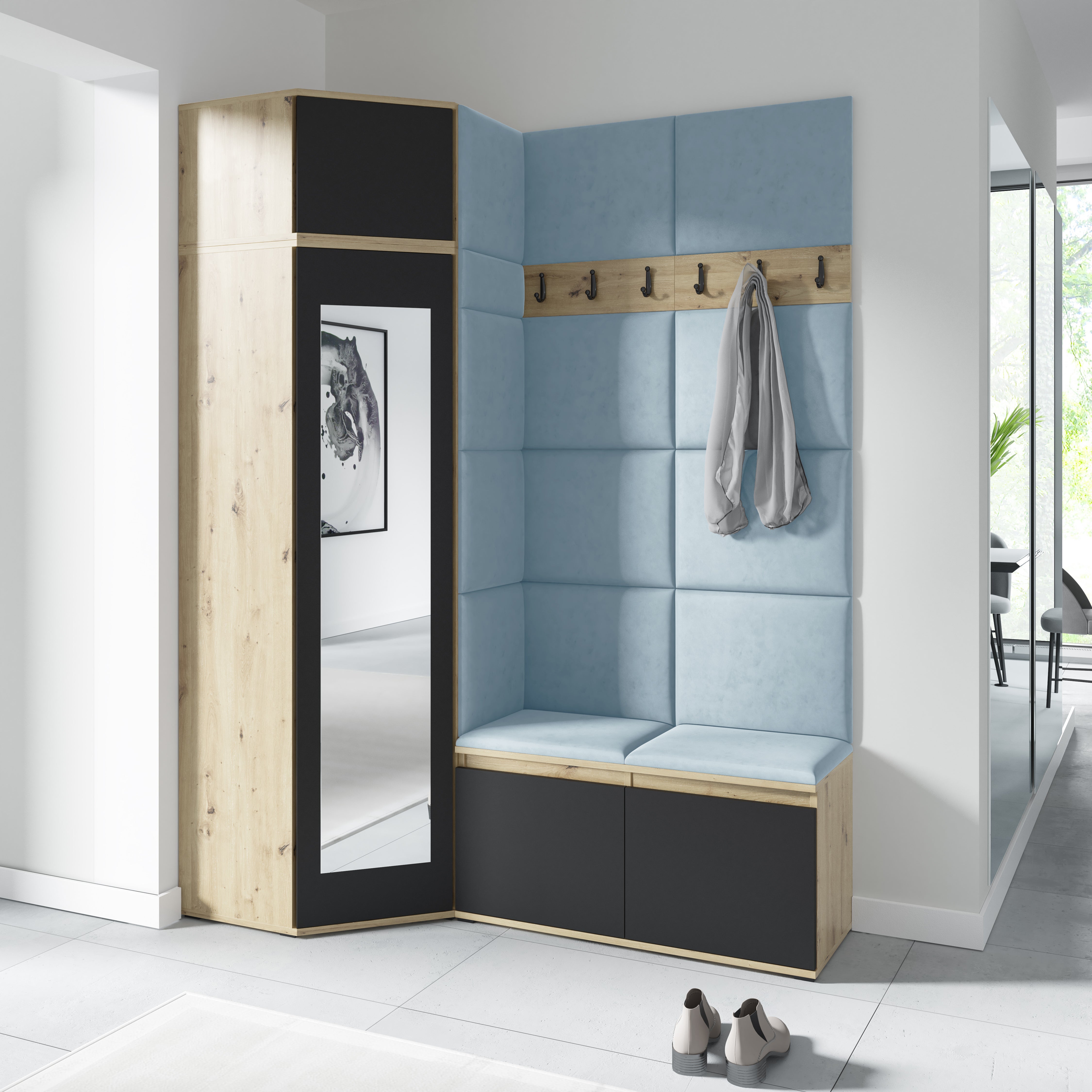 PK Emi 37 Hallway Wardrobe Aristan Oak\Black- Upholstered Panels in Various Colours