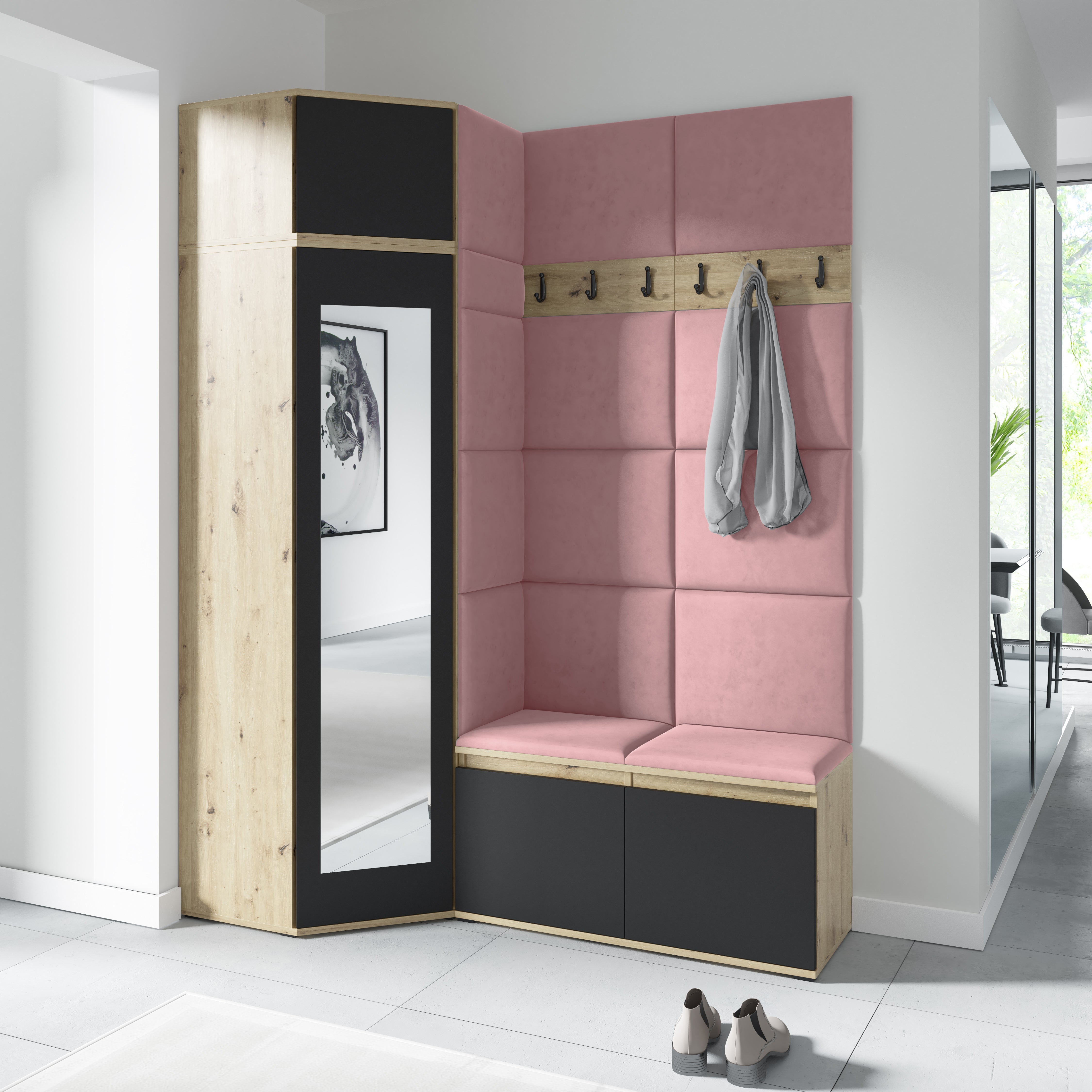 PK Emi 37 Hallway Wardrobe Aristan Oak\Black- Upholstered Panels in Various Colours