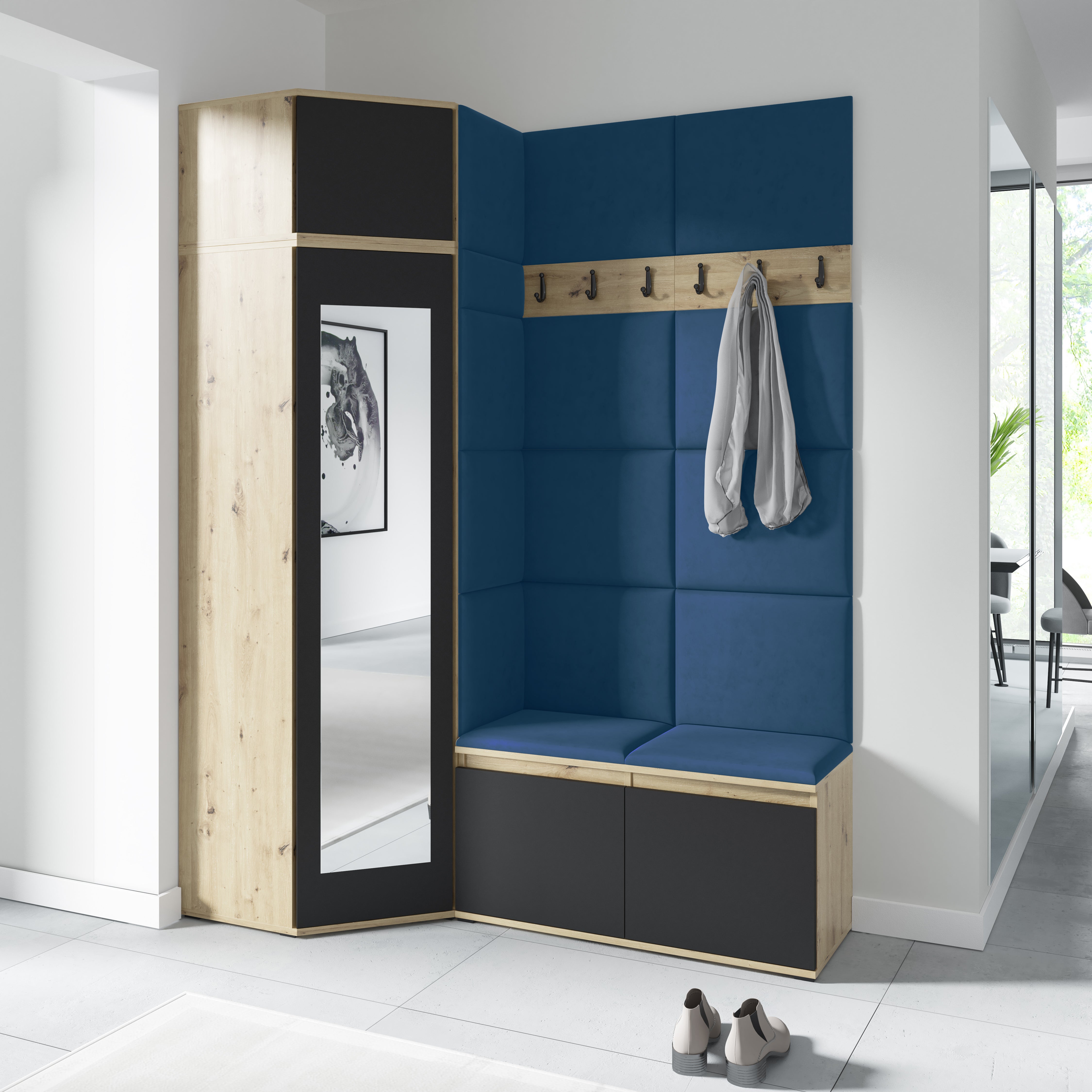 PK Emi 37 Hallway Wardrobe Aristan Oak\Black- Upholstered Panels in Various Colours