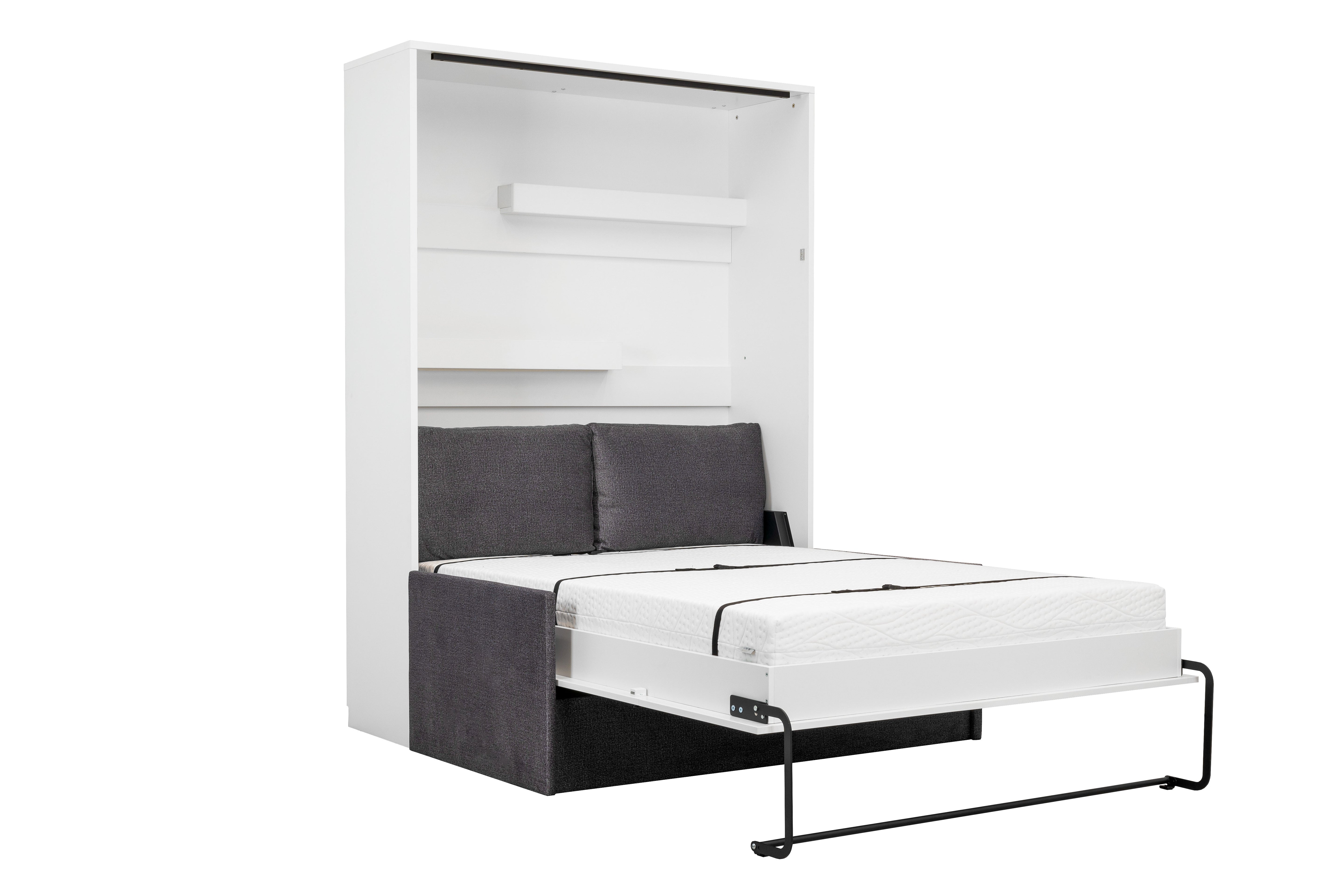 Genius Schrankbett mit Sofa Hochglanz Weiß – für 140x200 cm Matratze