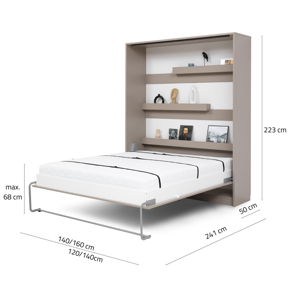 Genius Vertical Wall Bed with Desk – for 140x200 cm Mattress, LED Lighting