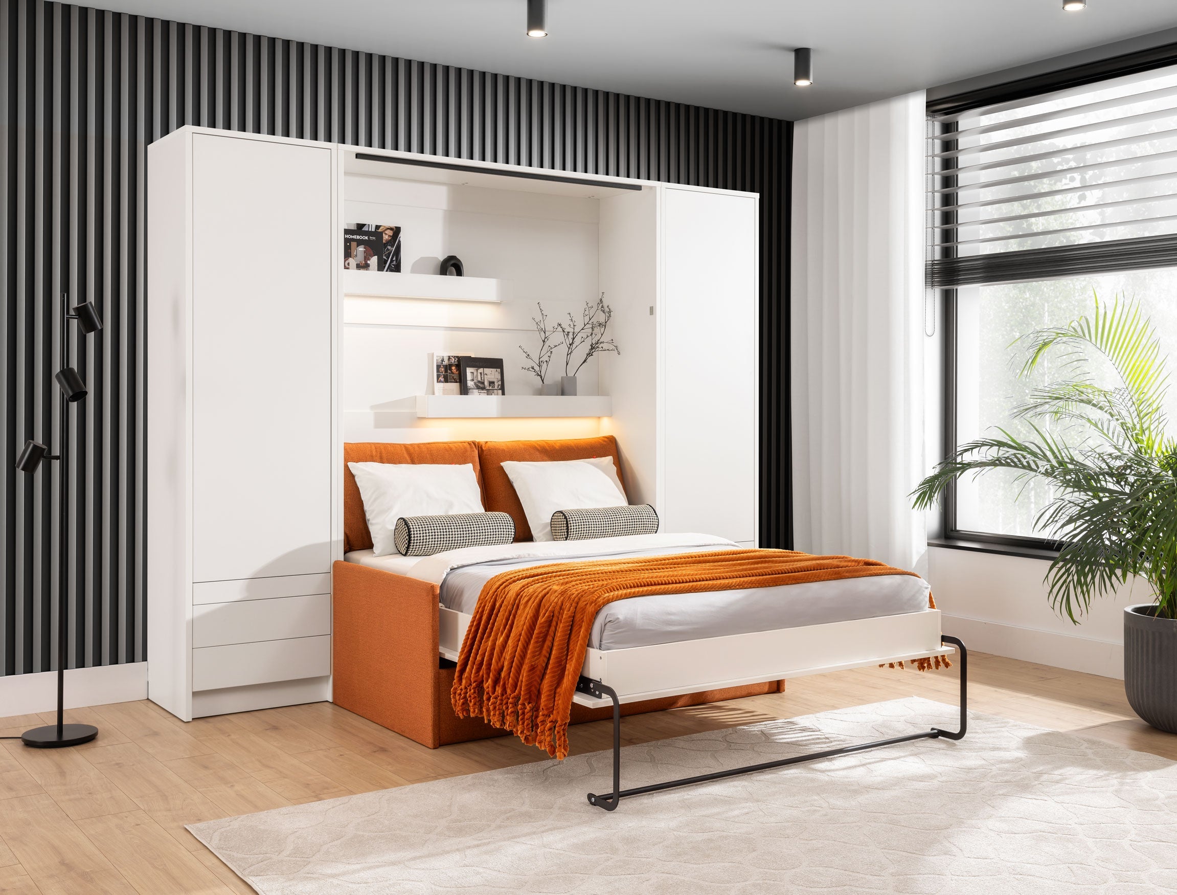Schrankbett Genius mit Sofa, Weiß matt – für 140x200 cm Matratze