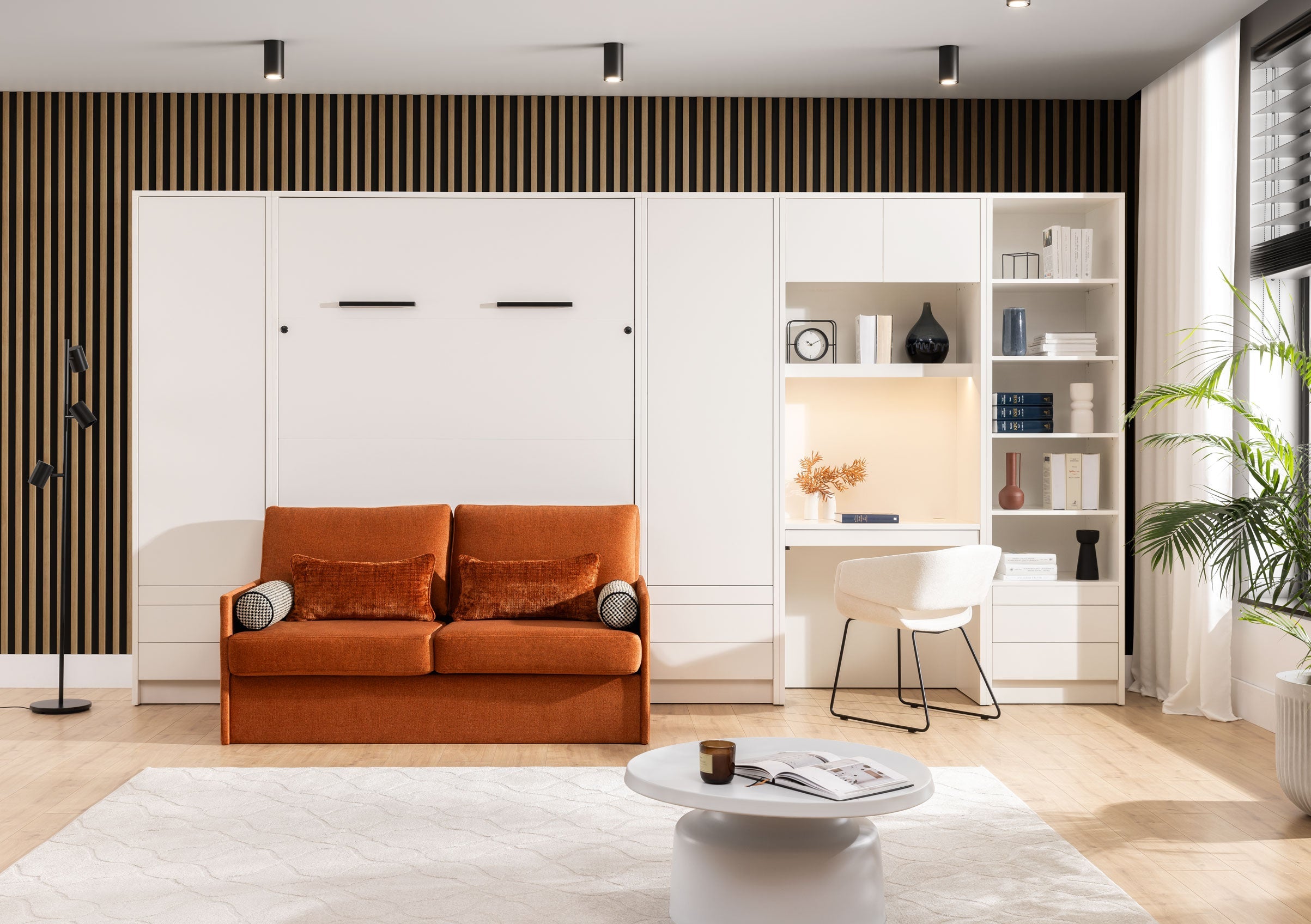 Schrankbett Genius mit Sofa, Weiß matt – für 140x200 cm Matratze