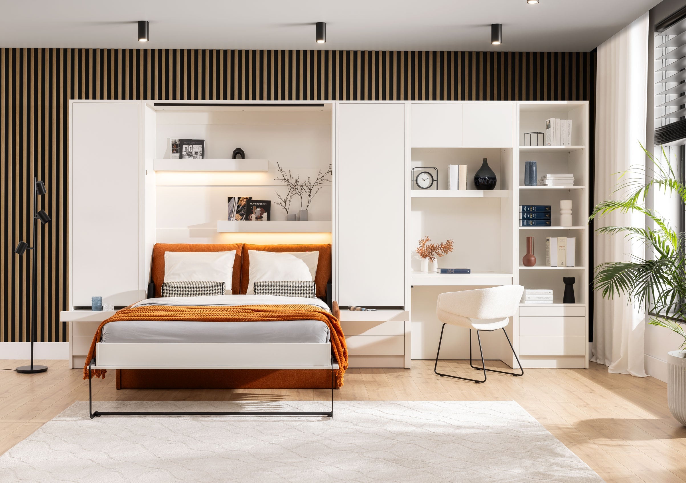 Anpassbares Genius Wandbett mit Sofagarnitur 160 x 200 cm, Weiß matt, LED-Beleuchtung