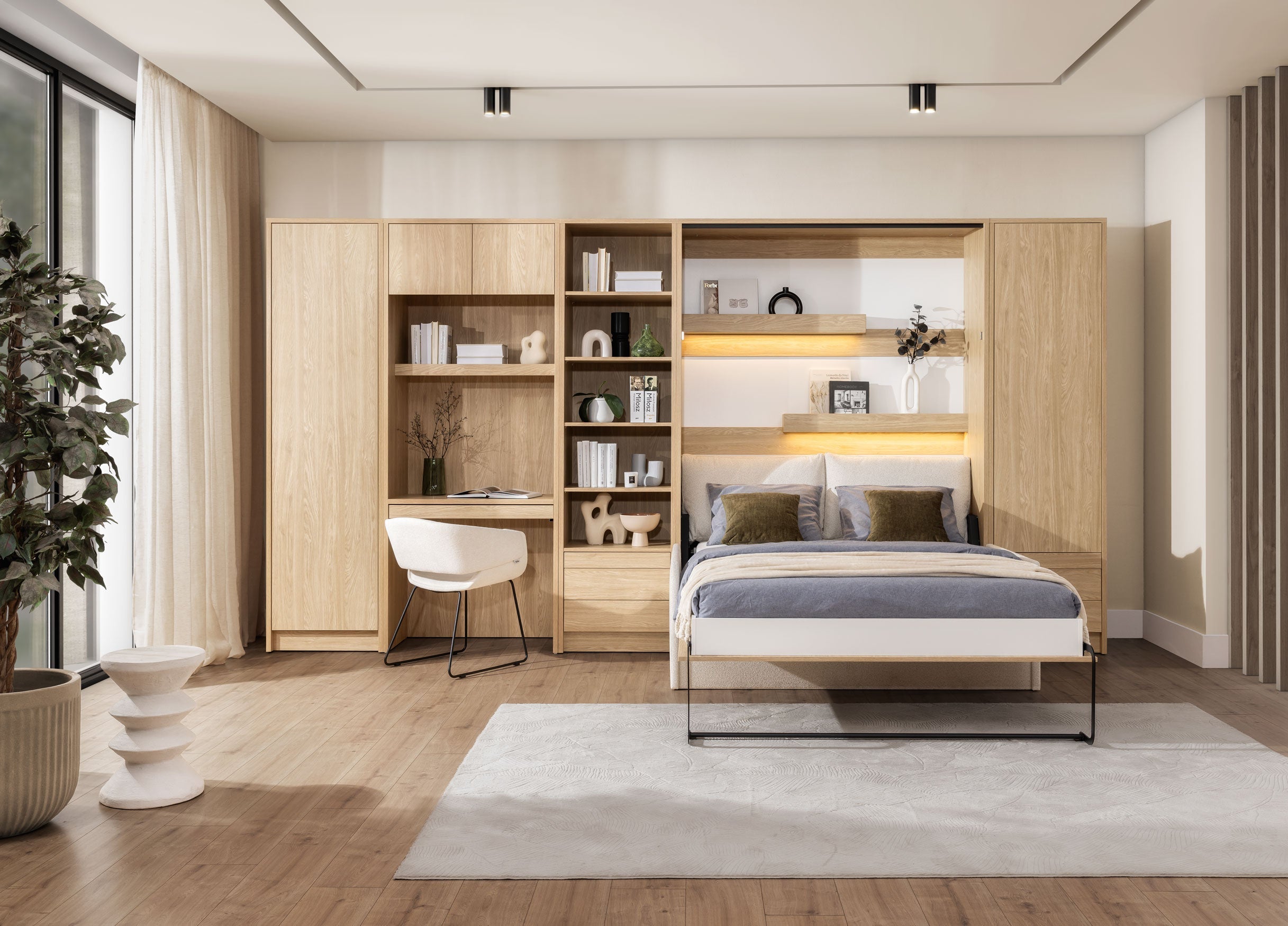 Genius Schrankbett 160x200 cm mit ECO-LEDER Sofa - Geölte Eiche