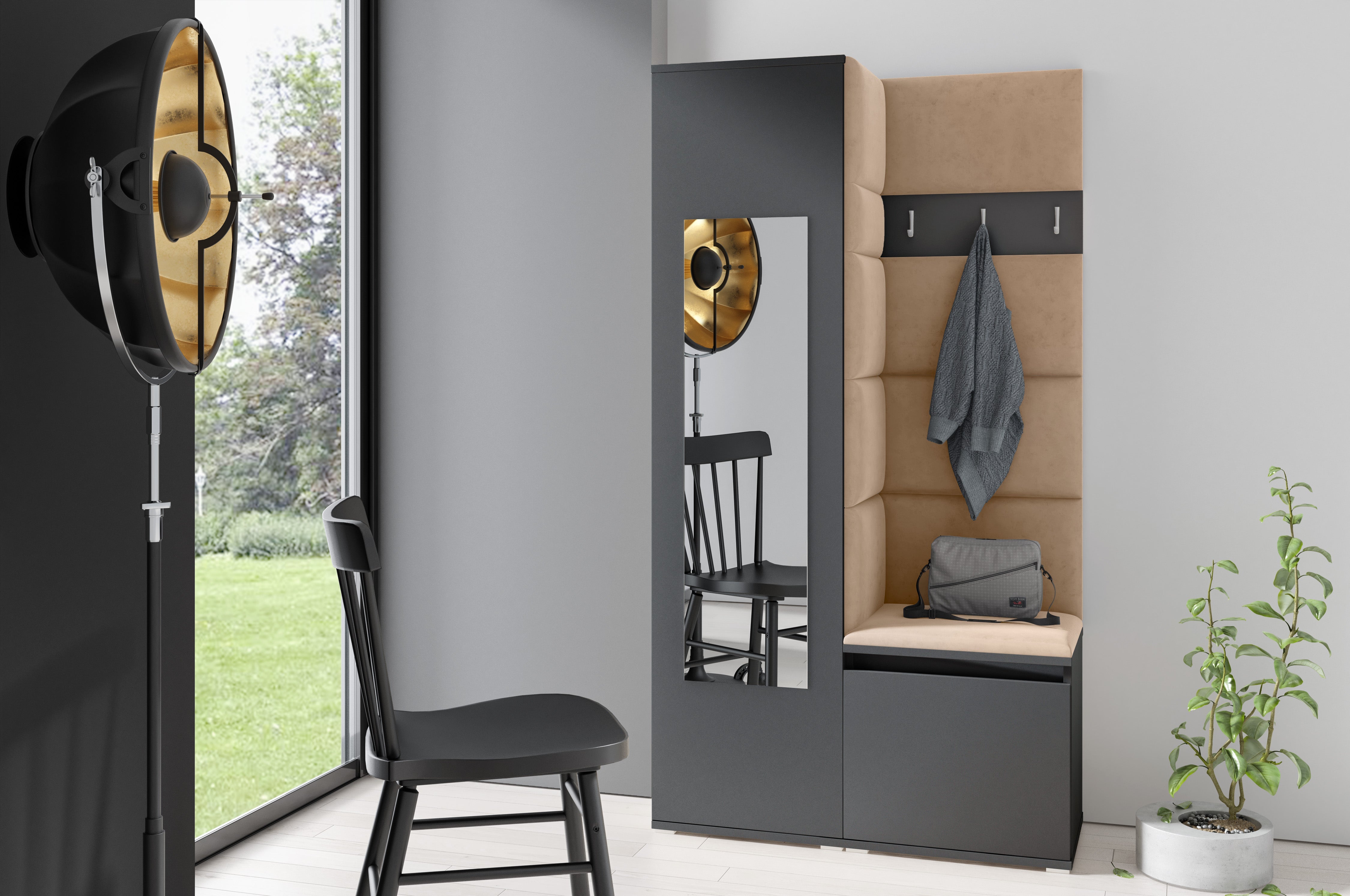 PK Emi 13 Hallway Wardrobe Graphite - Upholstered Panels in Various Colours