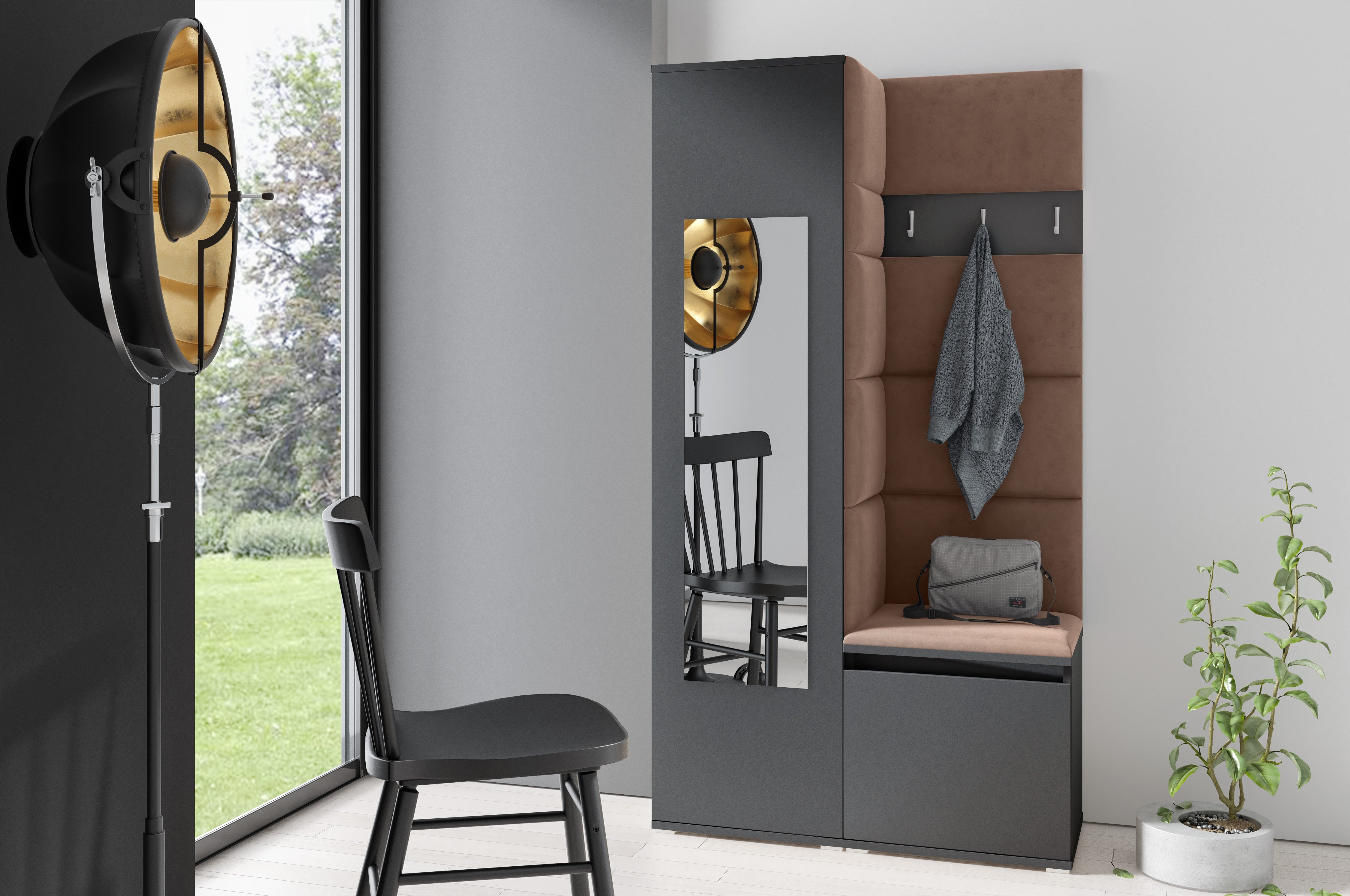PK Emi 13 Hallway Wardrobe Graphite - Upholstered Panels in Various Colours