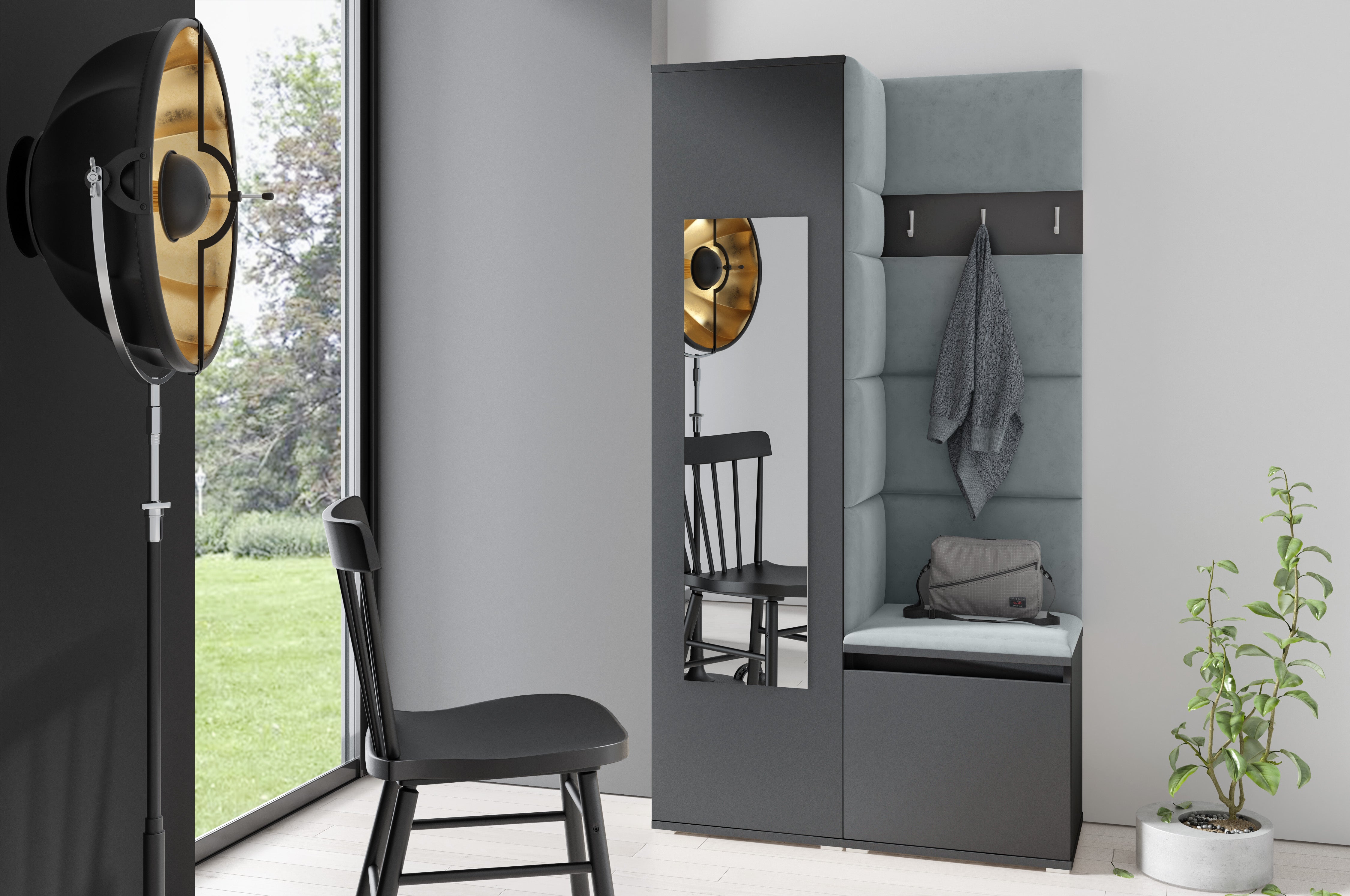PK Emi 13 Hallway Wardrobe Graphite - Upholstered Panels in Various Colours