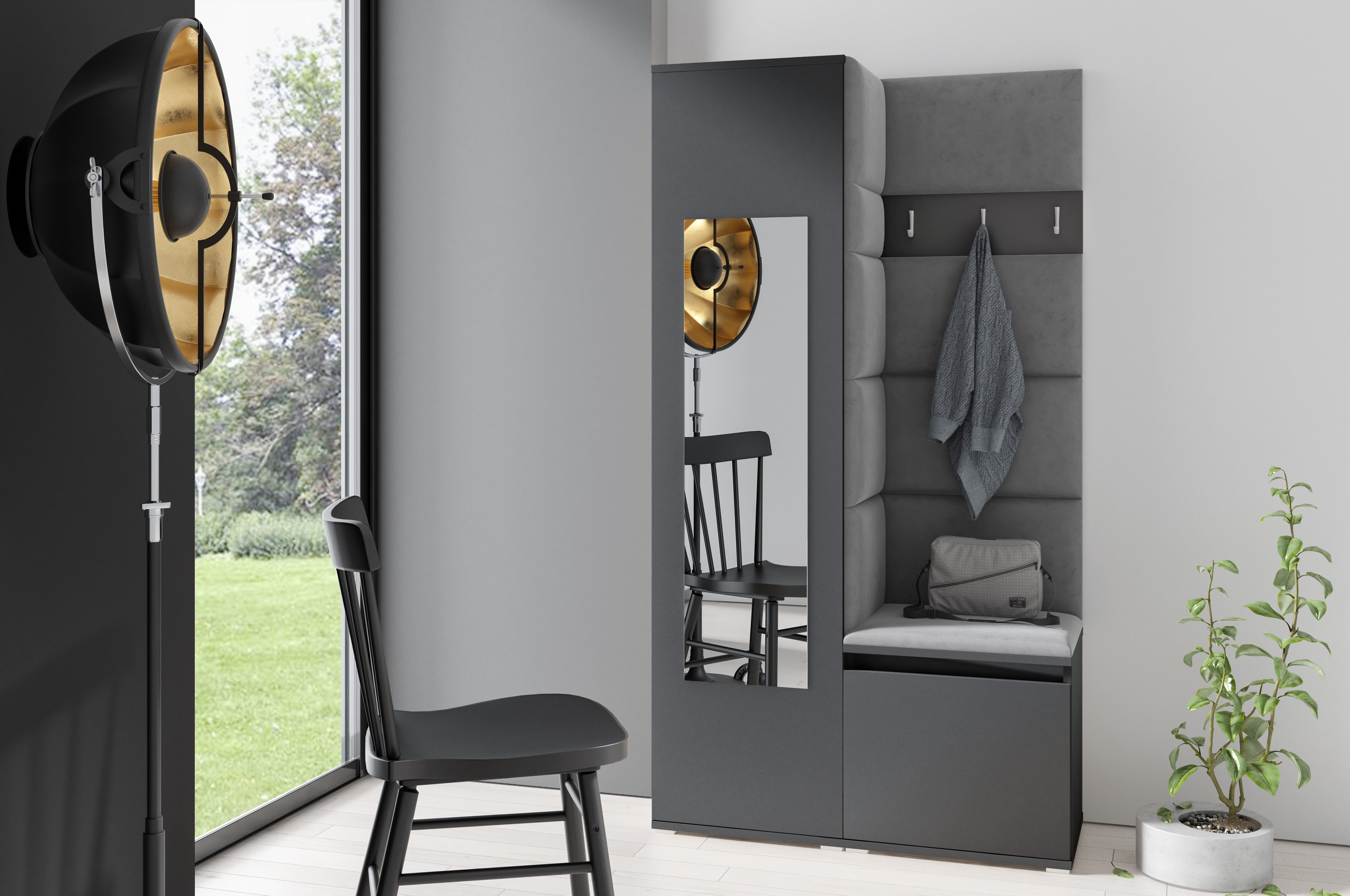 PK Emi 13 Hallway Wardrobe Graphite - Upholstered Panels in Various Colours