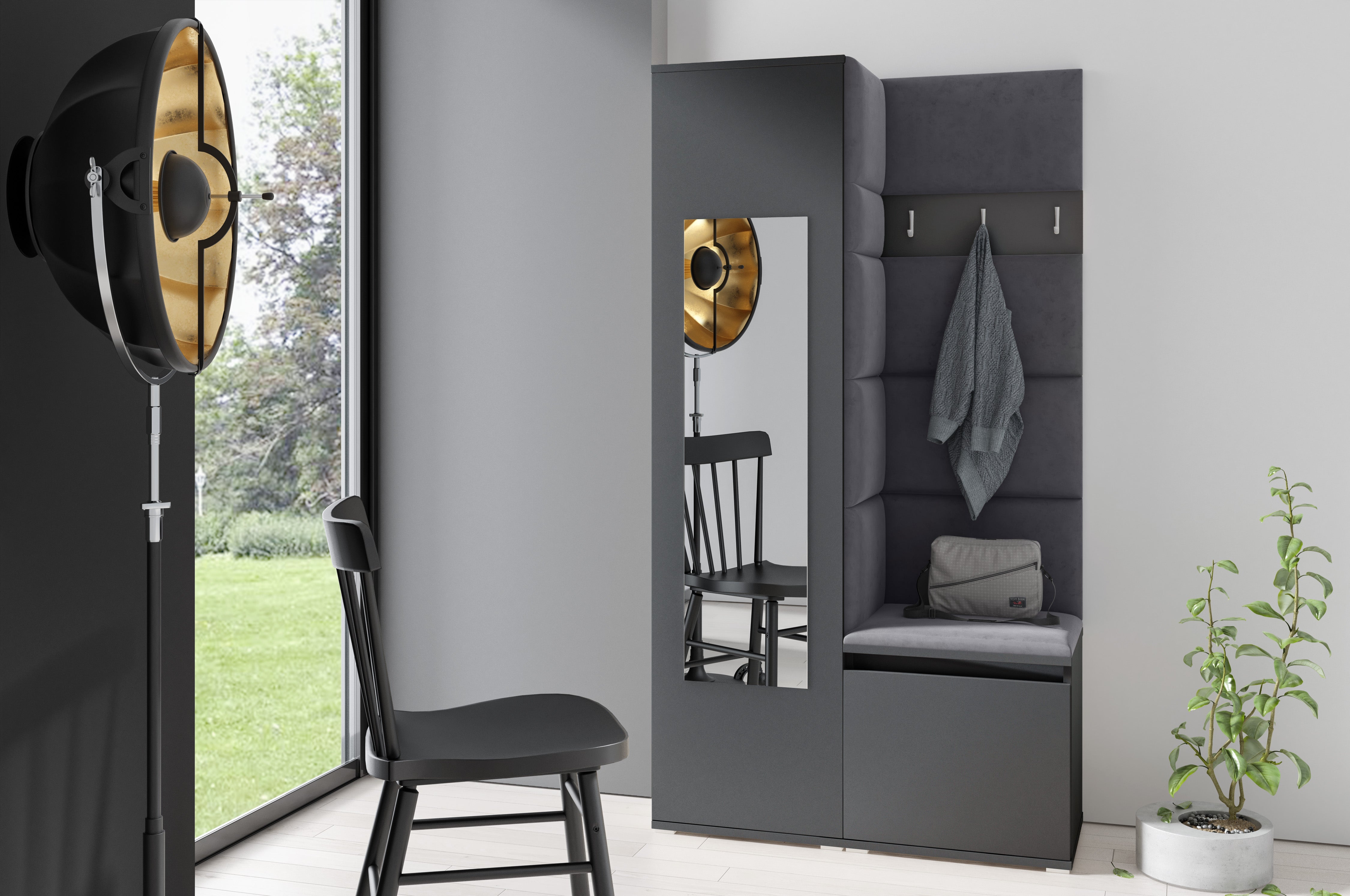 PK Emi 13 Hallway Wardrobe Graphite - Upholstered Panels in Various Colours