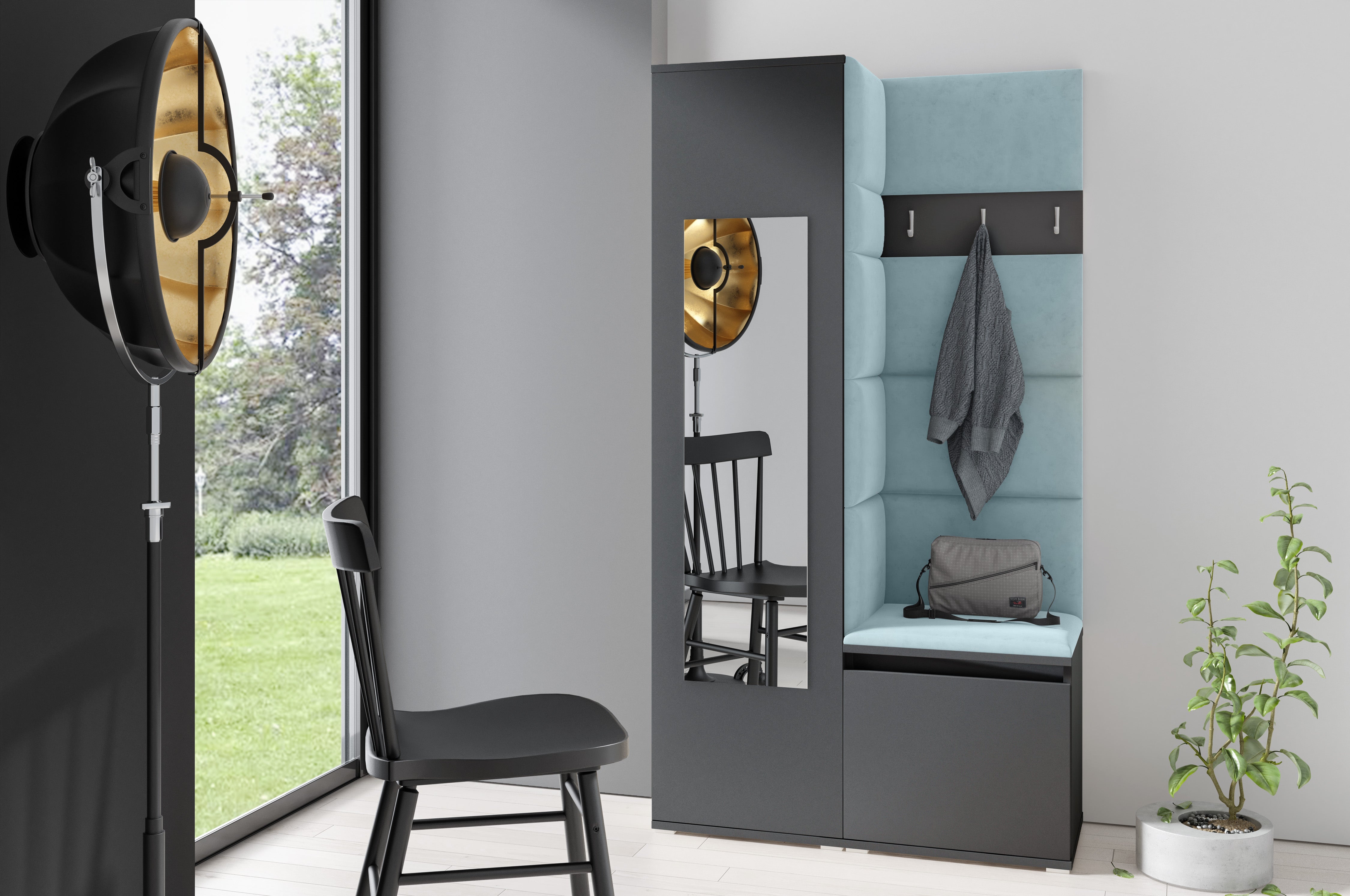 PK Emi 13 Hallway Wardrobe Graphite - Upholstered Panels in Various Colours