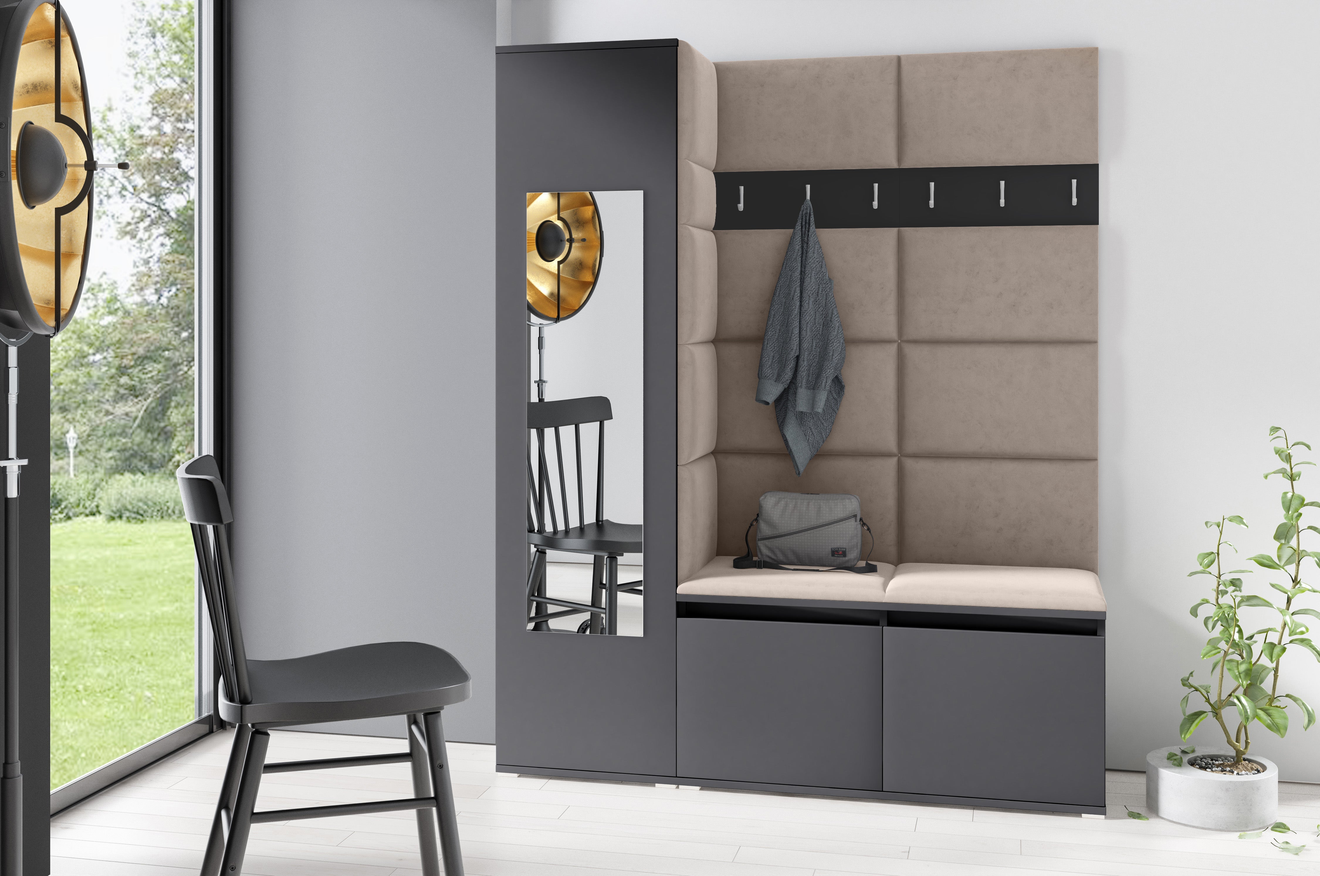 PK Emi 14 Hallway Wardrobe Graphite - Upholstered Panels in Various Colours