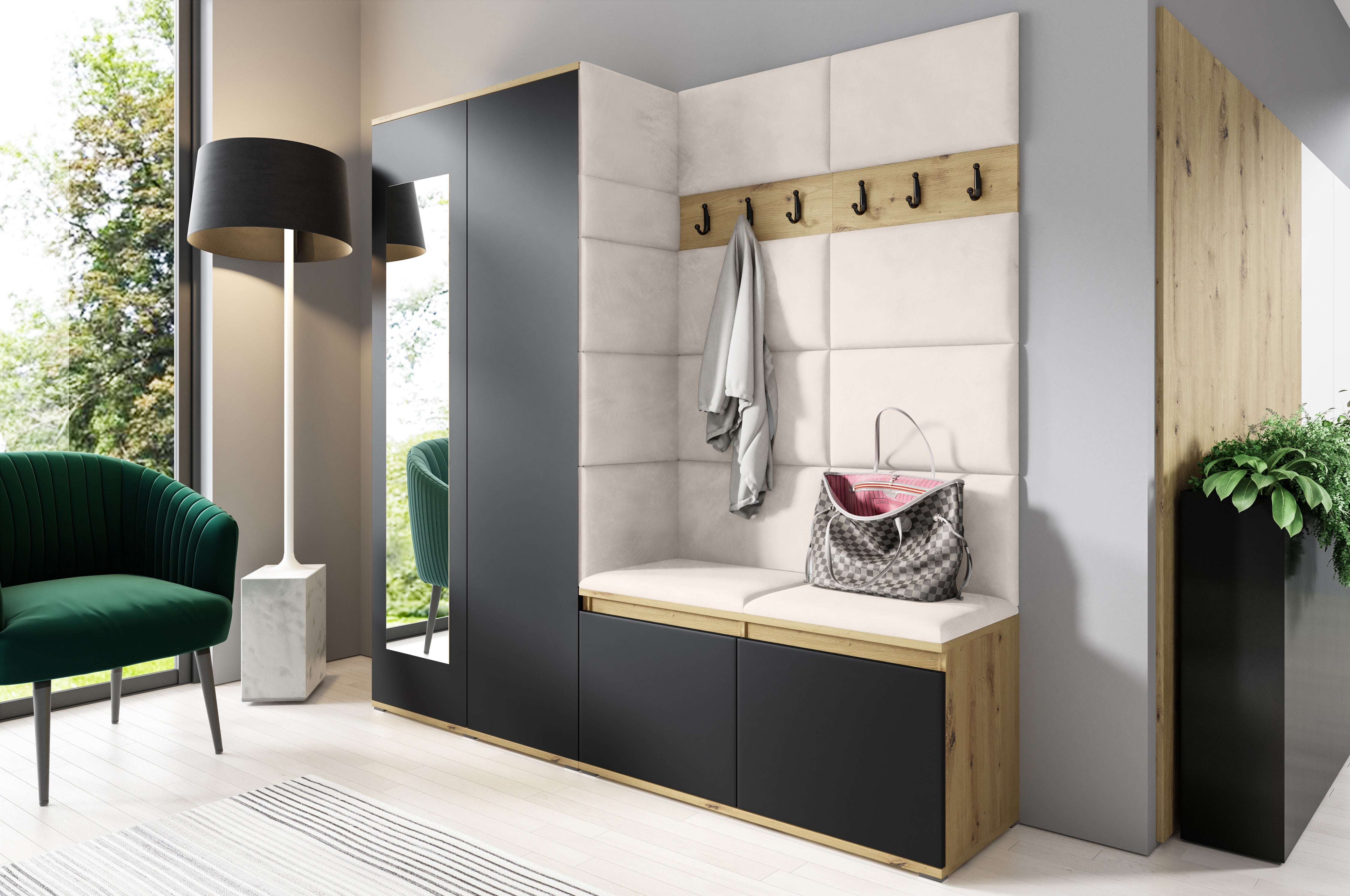 PK Emi 8 Hallway Wardrobe Artisan Oak / Black - Upholstered Panels in Various Colours