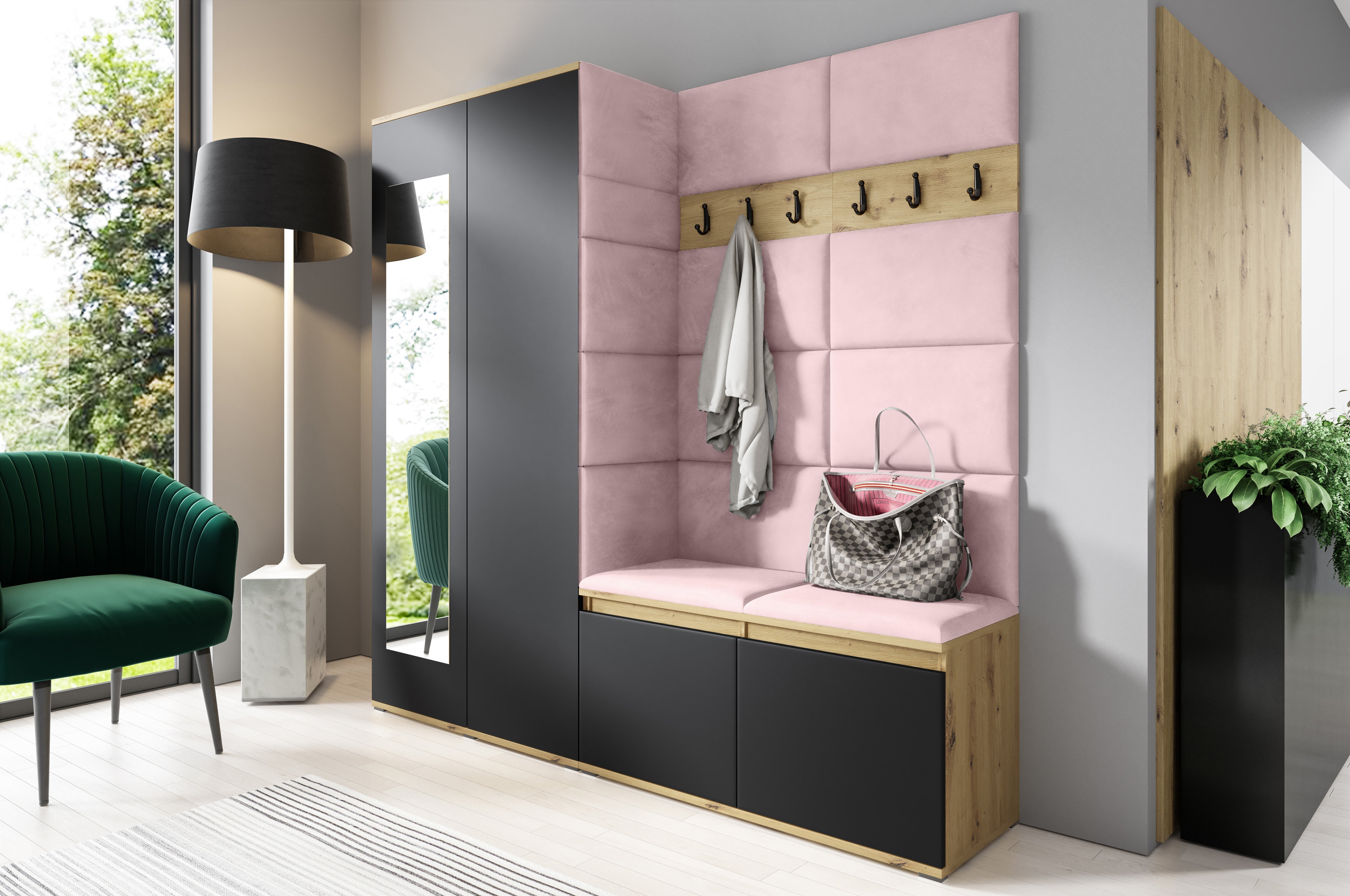 PK Emi 8 Flurgarderobe Artisan Eiche/Schwarz - Polsterpaneele in verschiedenen Farben