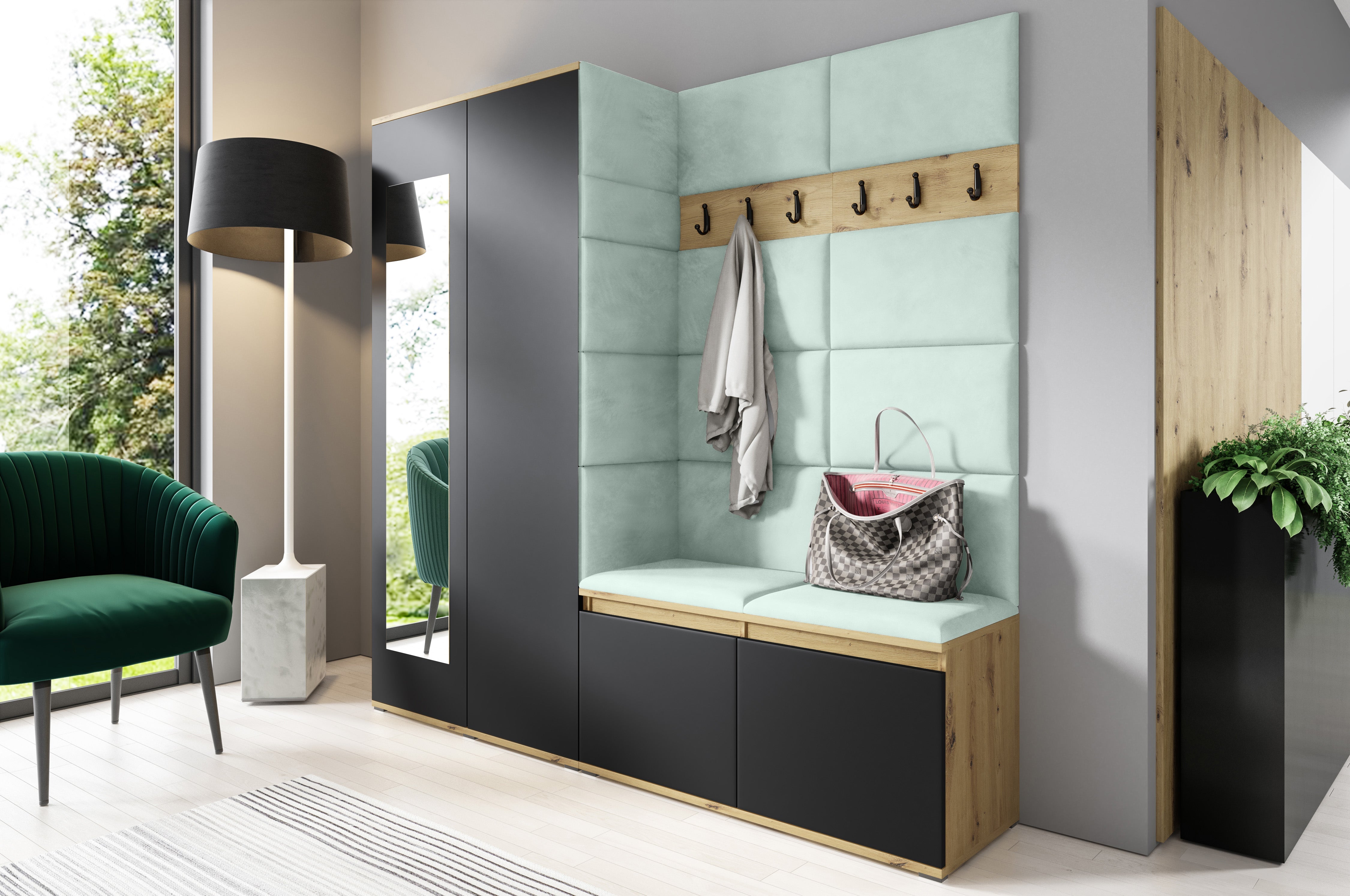 PK Emi 8 Flurgarderobe Artisan Eiche/Schwarz - Polsterpaneele in verschiedenen Farben