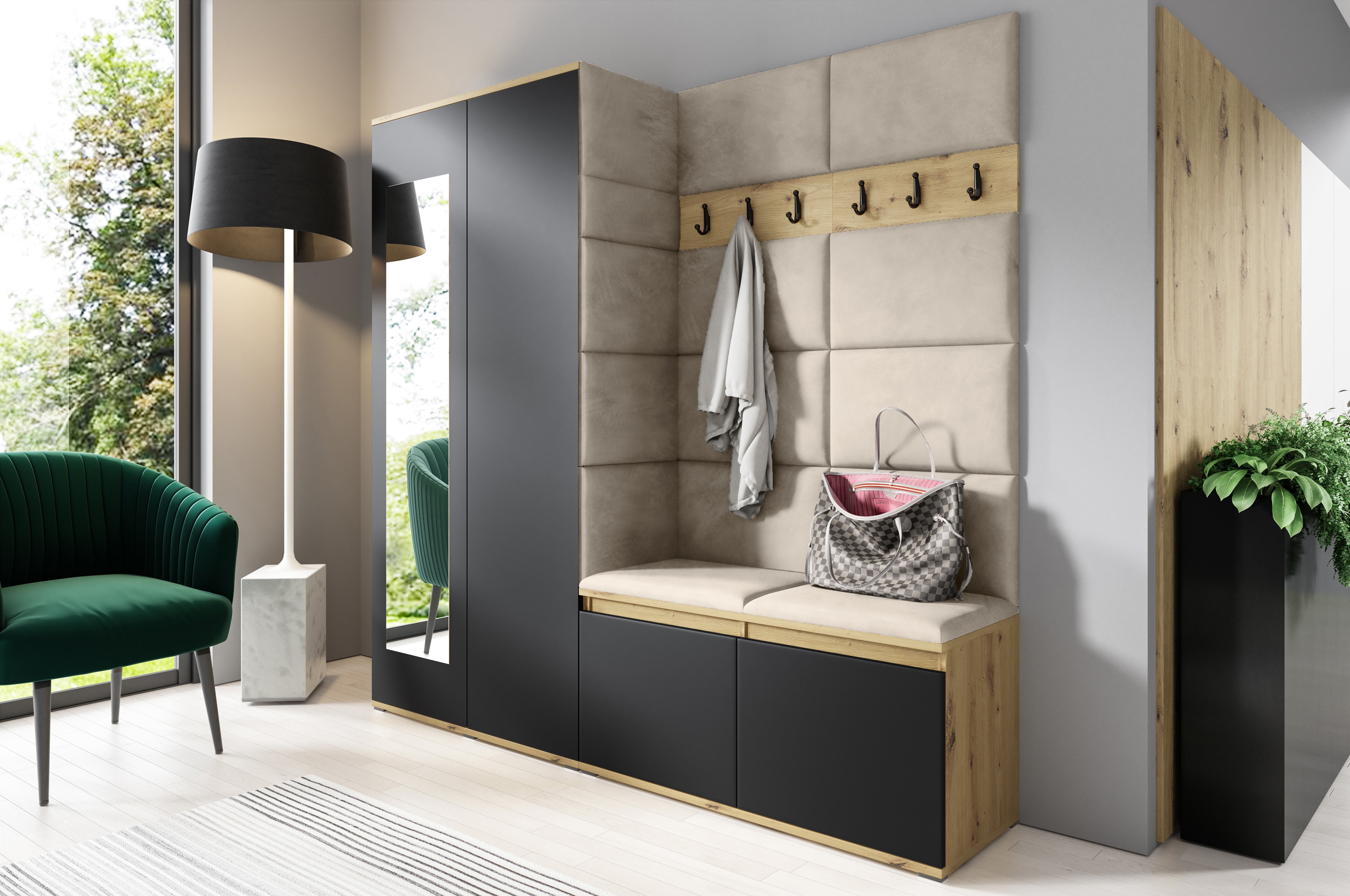 PK Emi 8 Flurgarderobe Artisan Eiche/Schwarz - Polsterpaneele in verschiedenen Farben