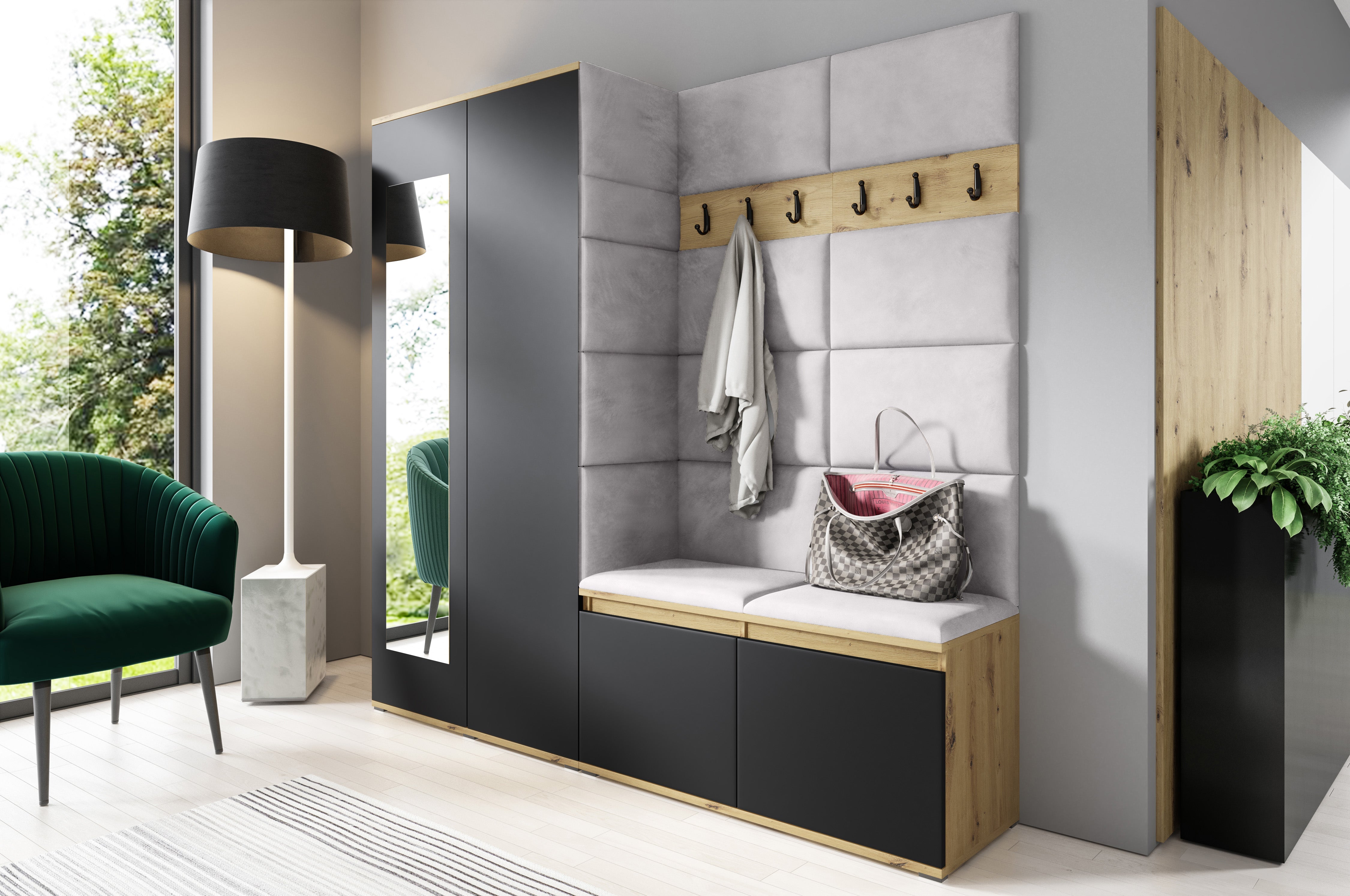 PK Emi 8 Flurgarderobe Artisan Eiche/Schwarz - Polsterpaneele in verschiedenen Farben