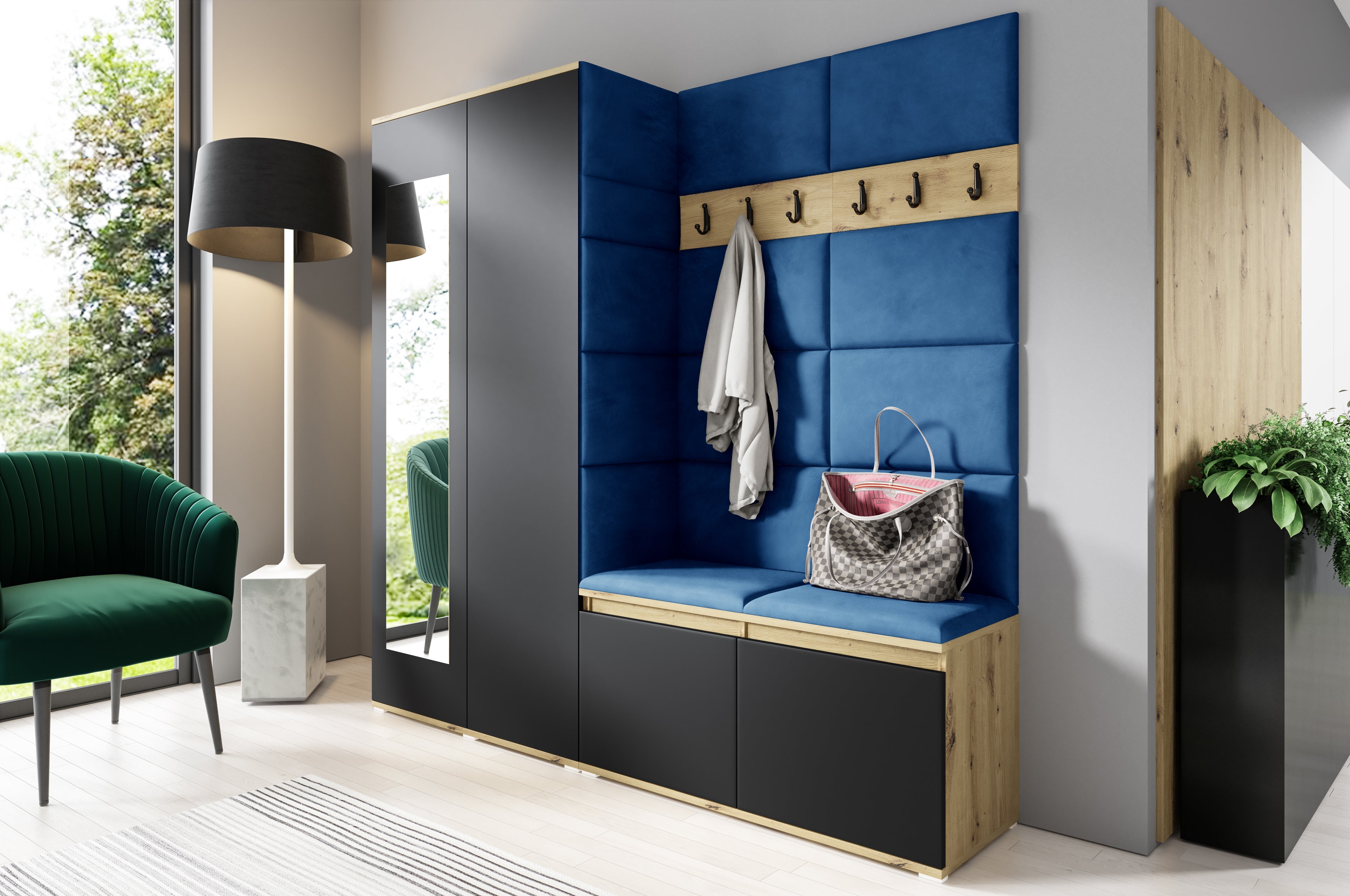 PK Emi 8 Flurgarderobe Artisan Eiche/Schwarz - Polsterpaneele in verschiedenen Farben