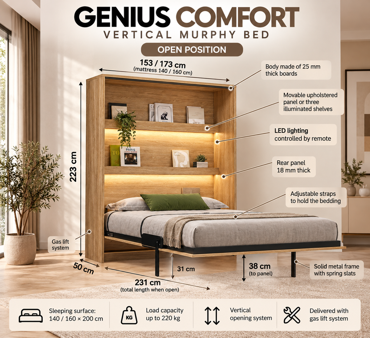 Customizable Genius COMFORT Murphy Bed Furniture Set 160 × 200 cm – Cashmere