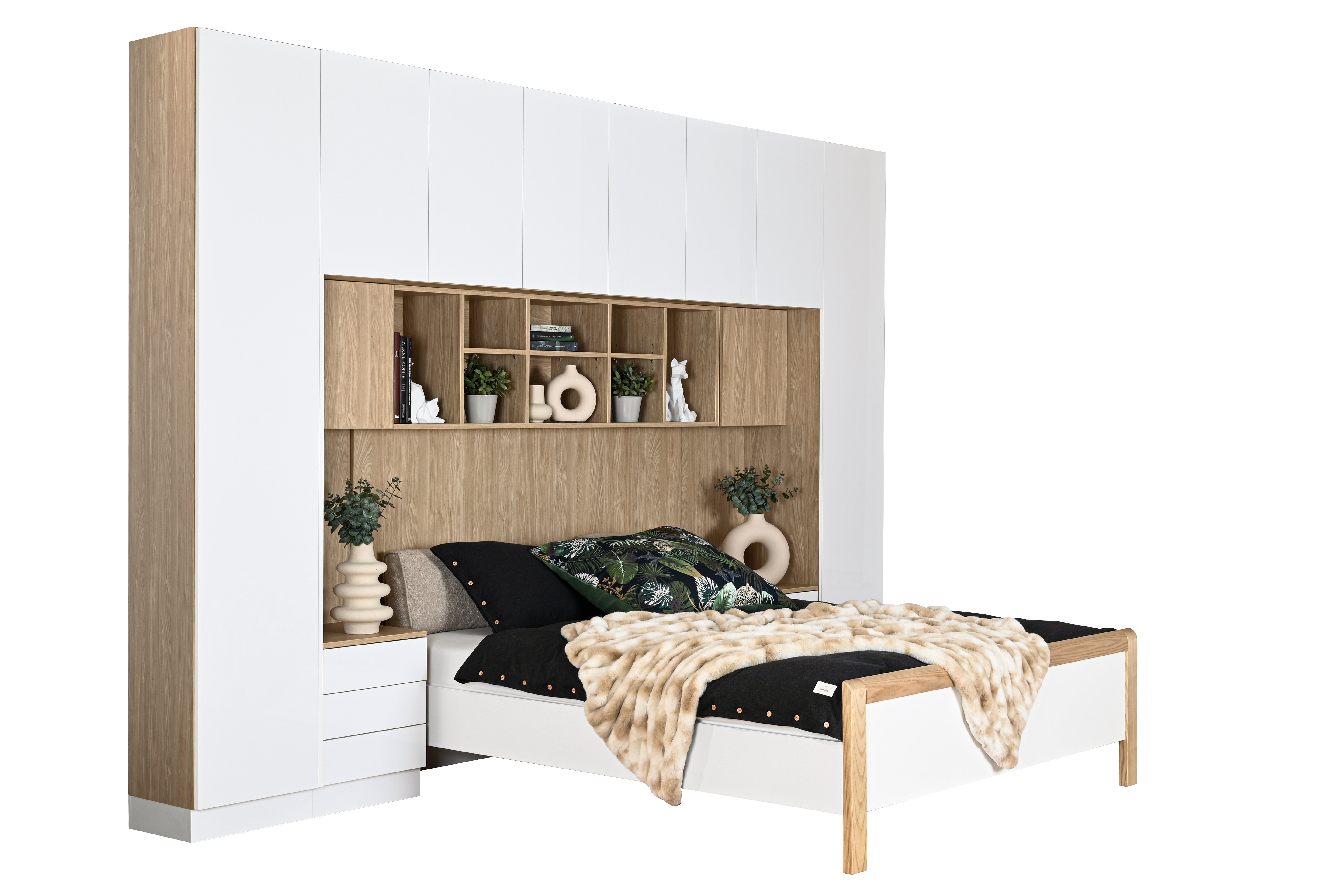 SLEEP VARIA Individuelles Schlafzimmer-Einbausystem mit Nachttischen – Geölte Eiche / Weiß Matt