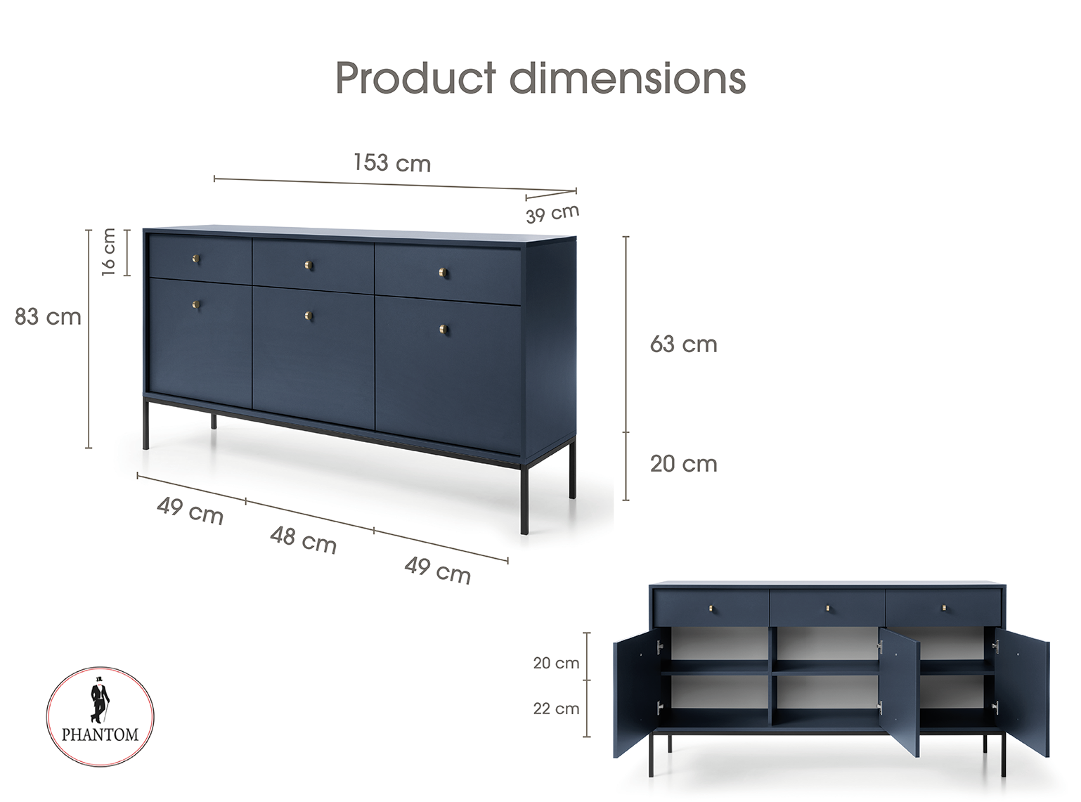 Mono Kommode mit drei Push to Open System Türen und drei Schubladen Beige
