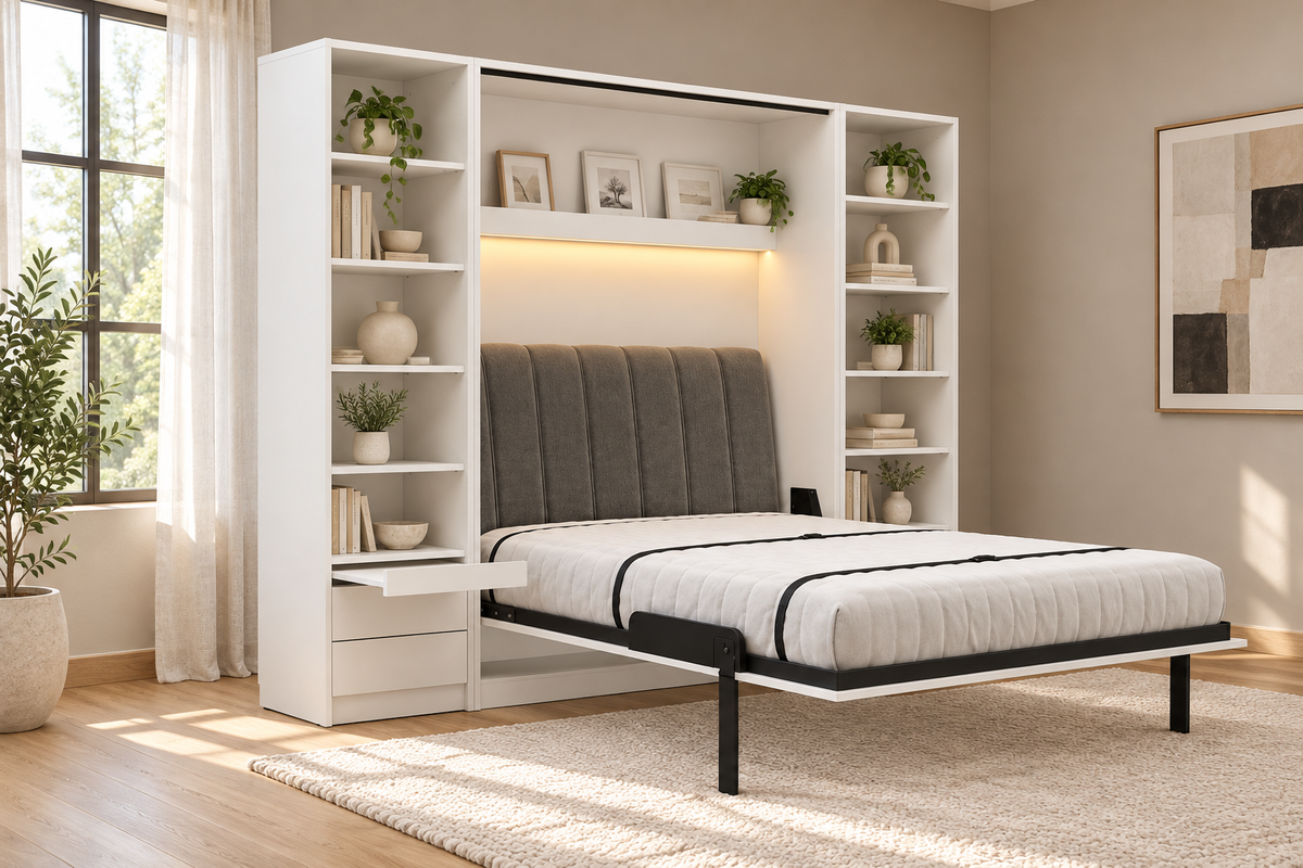 Individuell gestaltbares Genius COMFORT Murphy-Bett-Möbelset 160 × 200 cm – Weiß matt