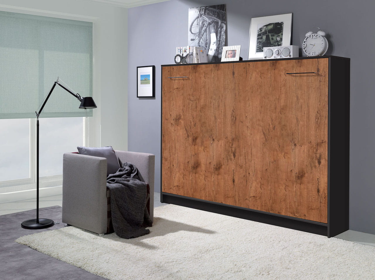 Individualisierbares Schrankbett Horizontal Basic Möbelset Schwarz und Lancelot Eiche 90, 120, 140 x 200 cm