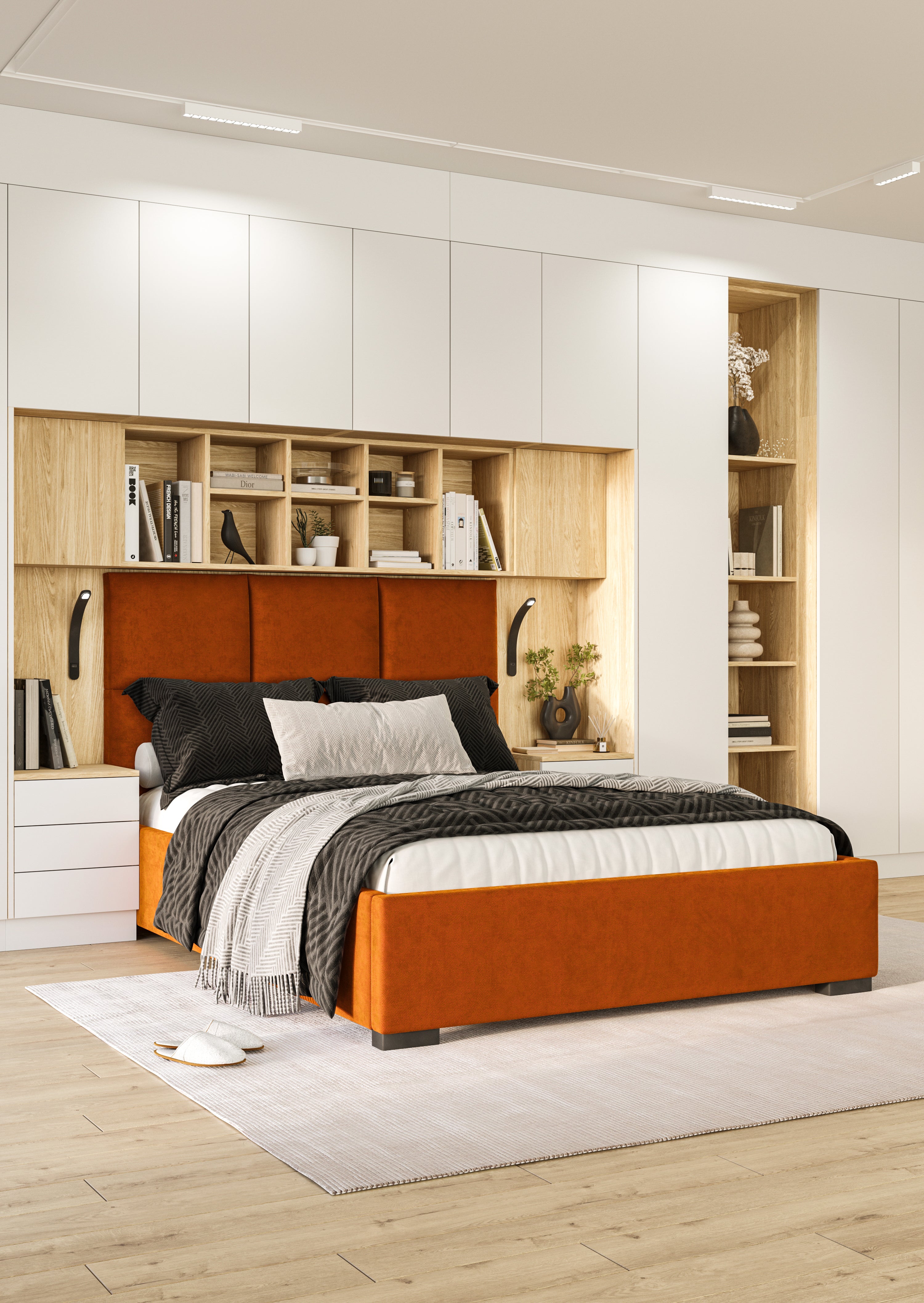 SLEEP VARIA Individuelles Schlafzimmer-Einbausystem mit Nachttischen – Geölte Eiche / Weiß Matt