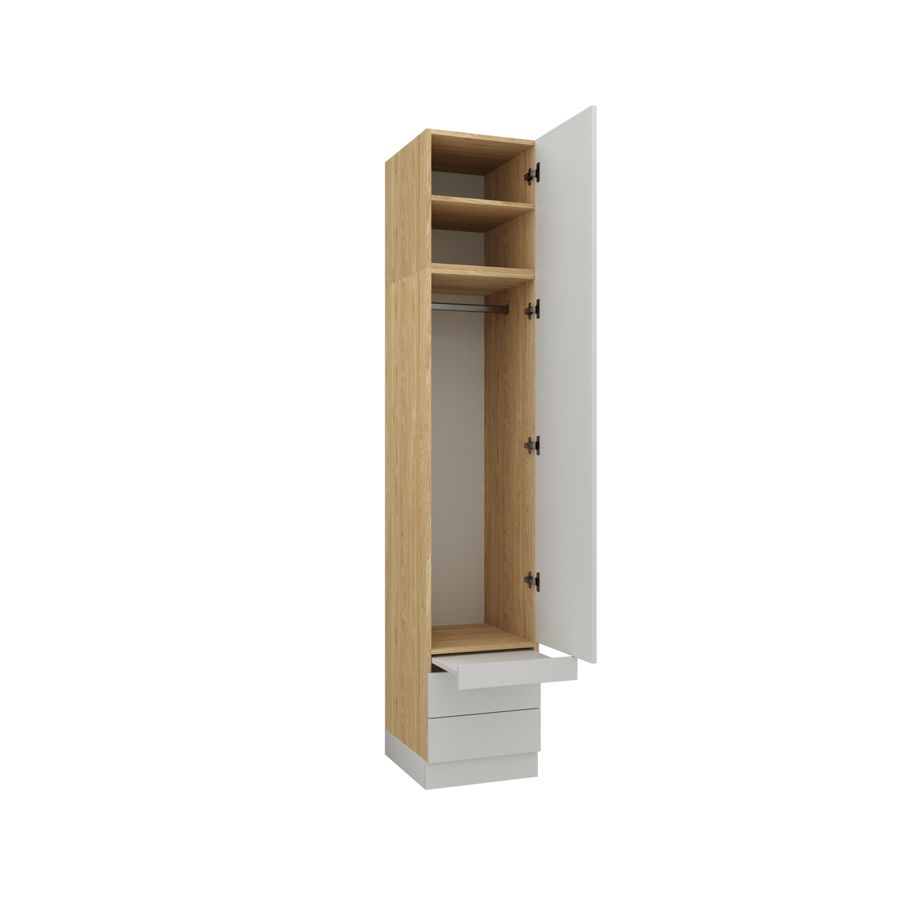 SLEEP VARIA 1D Kleiderschrank 45 cm mit Einlegeböden, Kleiderstange, Schubladen & Ausziehtisch – Eiche geölt / Weiß matt