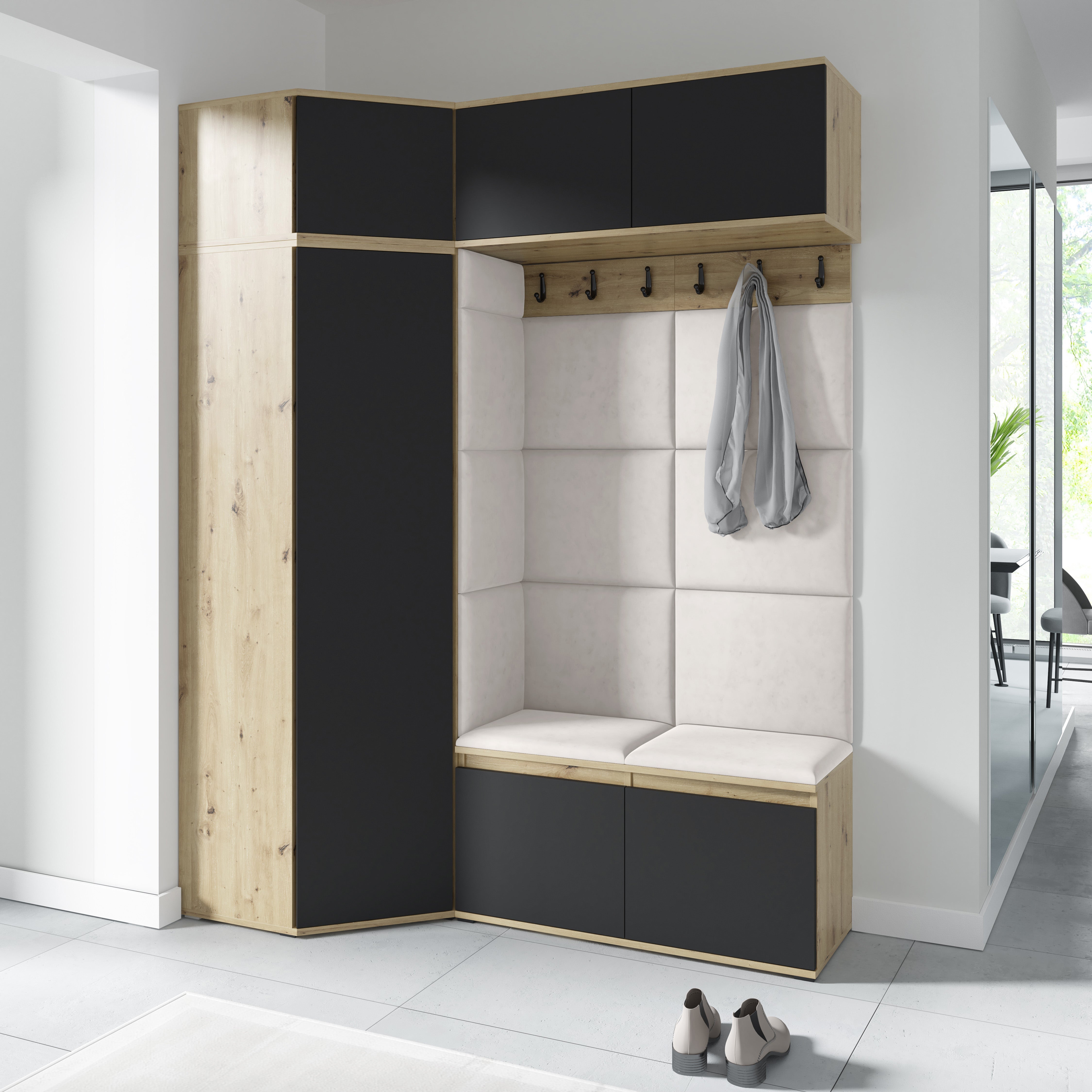 PK Emi 38 Hallway Wardrobe Aristan Oak\Black - Upholstered Panels in Various Colours