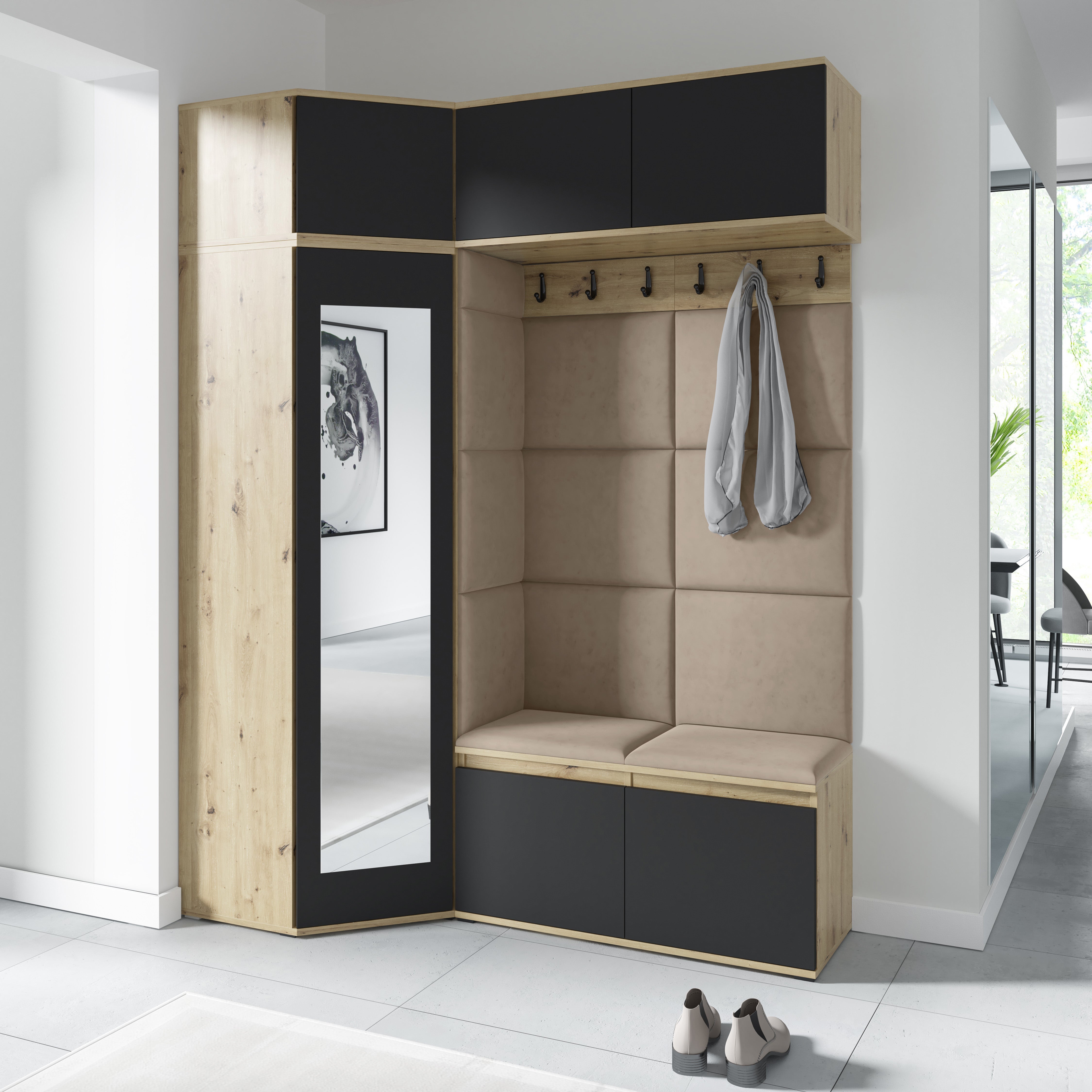 PK Emi 38 Hallway Wardrobe Aristan Oak\Black - Upholstered Panels in Various Colours