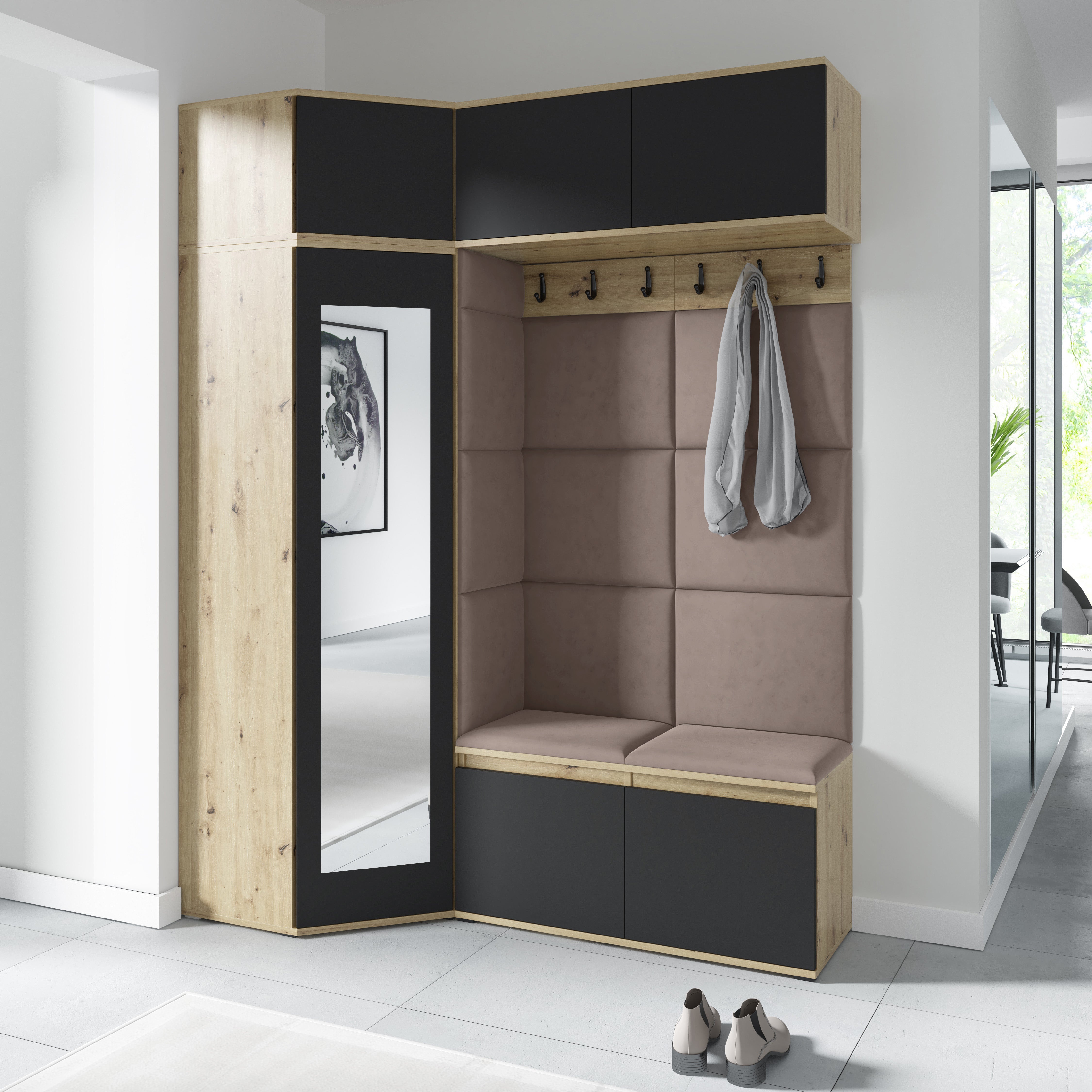 PK Emi 38 Hallway Wardrobe Aristan Oak\Black - Upholstered Panels in Various Colours