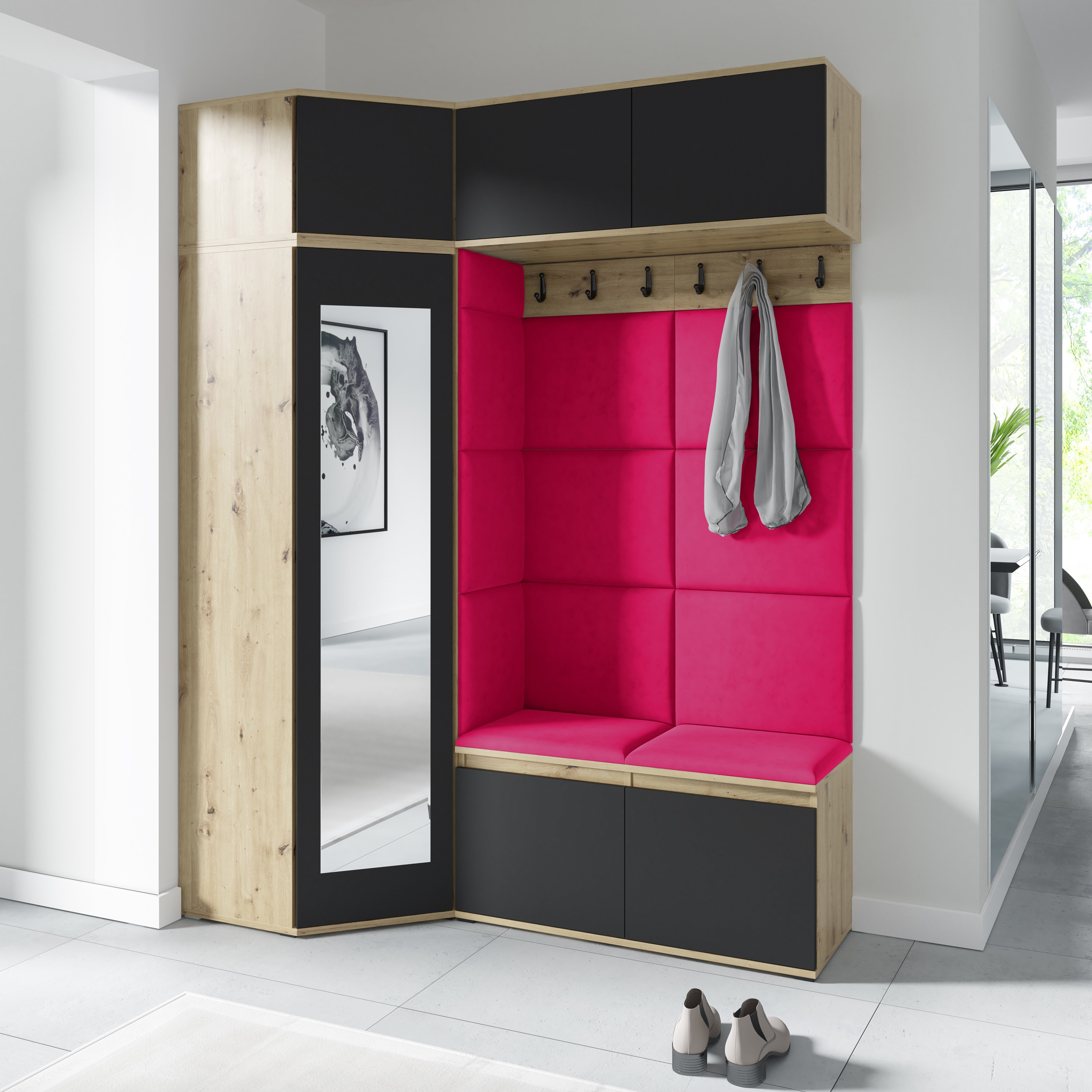 PK Emi 38 Hallway Wardrobe Aristan Oak\Black - Upholstered Panels in Various Colours